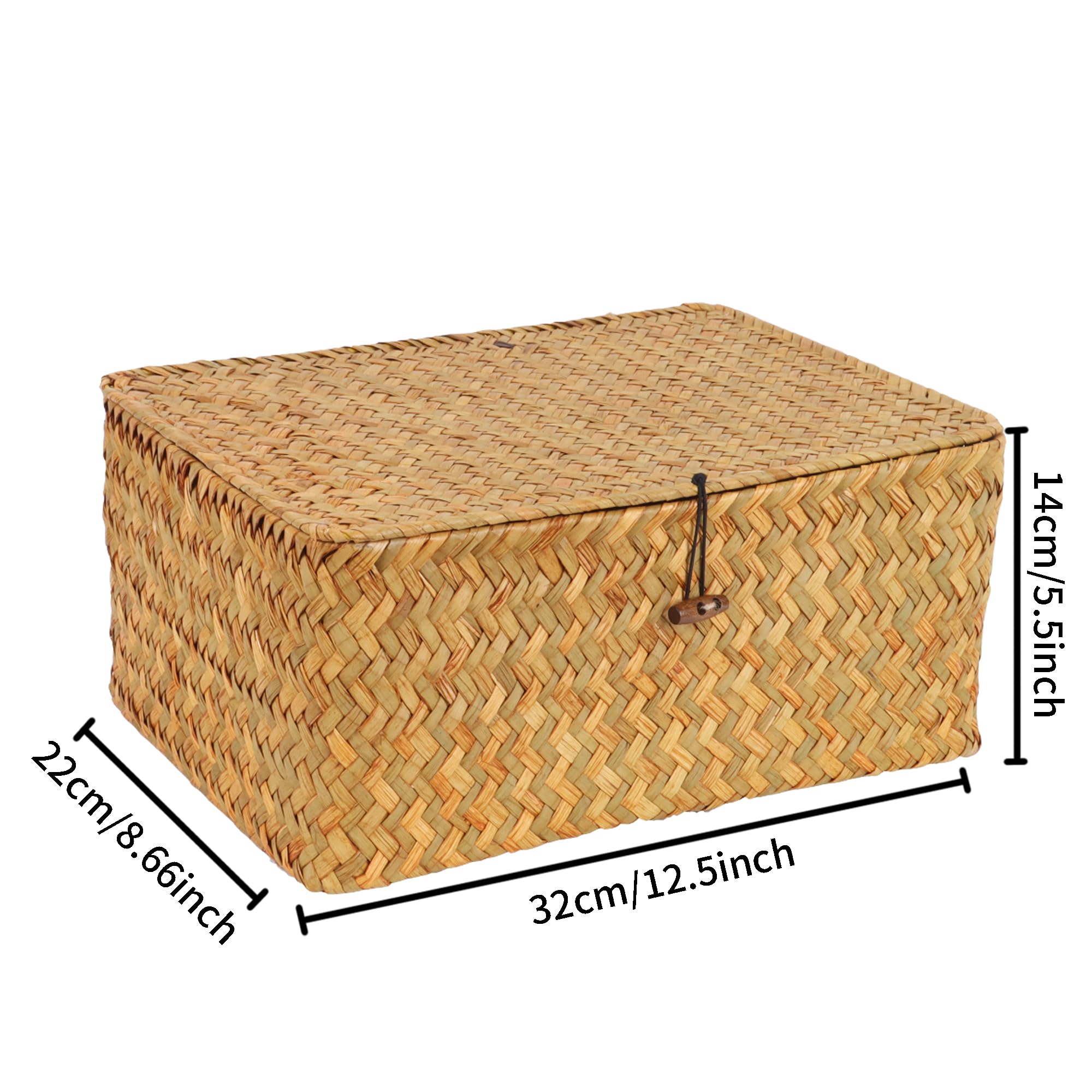 FEIALNDUO Wicker Shelf Baskets with Lid,Seagrass Storage Basket Bins Rectangular Handwoven Basket Boxes for Shelves Desktop Home Organizer (Coffee, X-Small)
