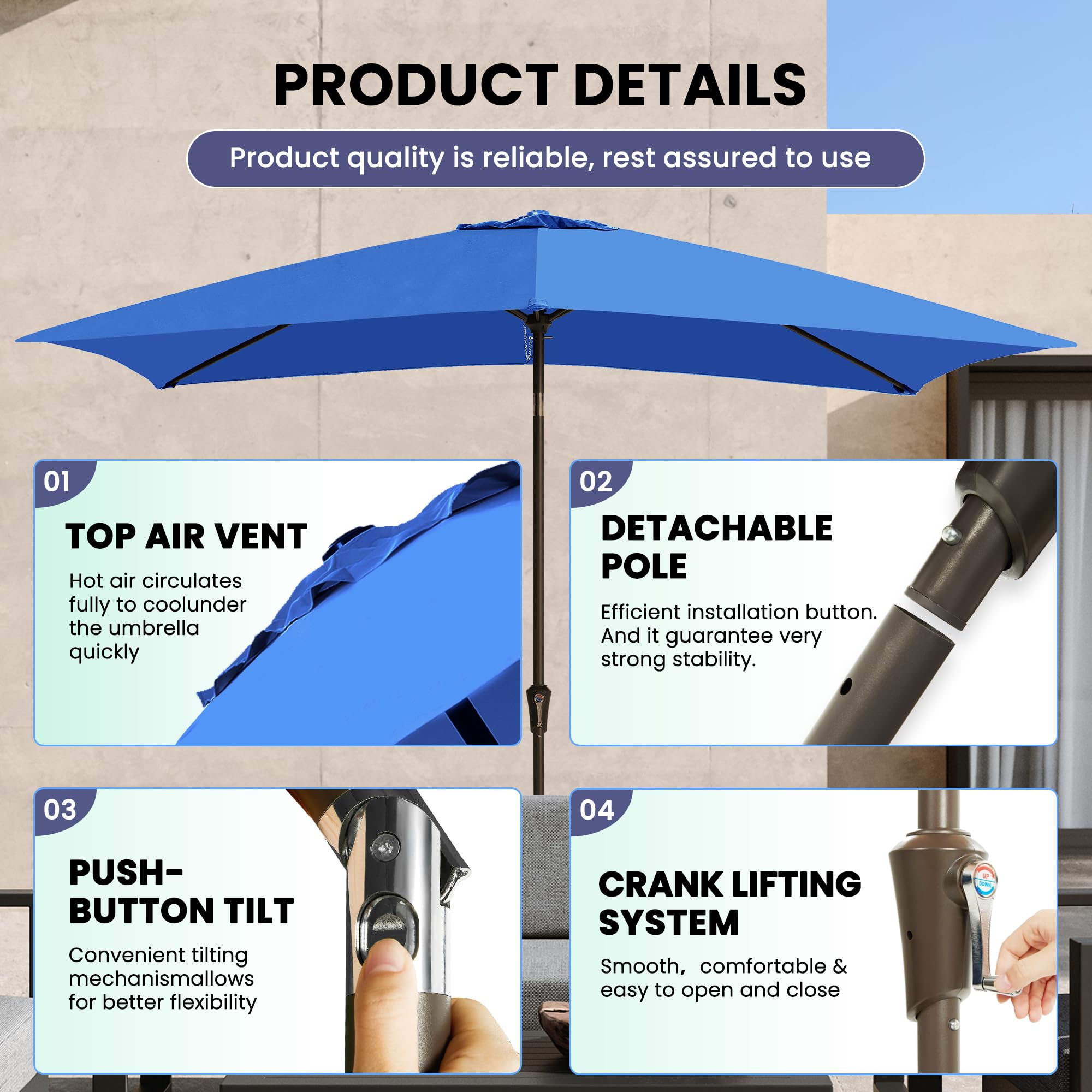 Ayge 6.5x10FT Rectangular Patio Umbrella Outdoor Table Umbrella w/Push Button Tilt & Crank Rectangle Market Umbrella UV Protection for Garden,Deck,Lawn,Yard & Pool,Beige