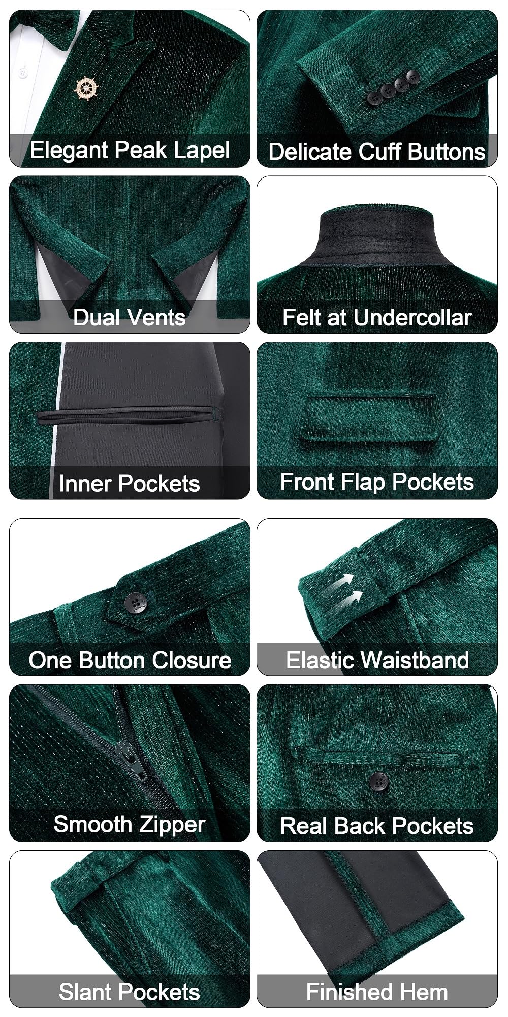 MAGE MALE Mens Suits Velvet Tuxedo Suit Set Slim Fit 2 Piece Luxurious Party Dinner Jacket Pants with Bow Tie