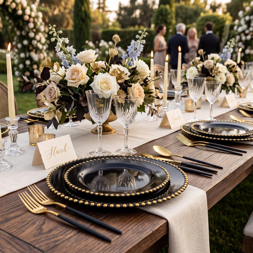 Supernal 102 Pcs Black and Gold Plastic Silverware Set,Heavy Duty Gold Disposable Cutlery for 34 Guests (34 Forks,34 Spoons,34 Knives),Elegant Plastic Flatware for Weddings,Parties & Upscale Events