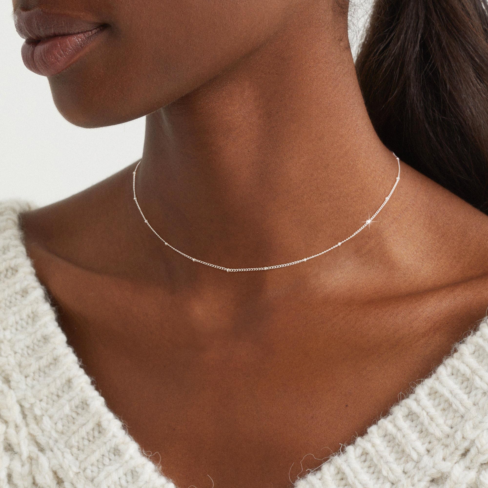 BERISO 14K Gold/Silver Plated Choker Necklace for Women Shining Dots Station Gold Chain Necklace Beads Sparkle Chain Necklace Link Chain Exquisite Jewelry for women