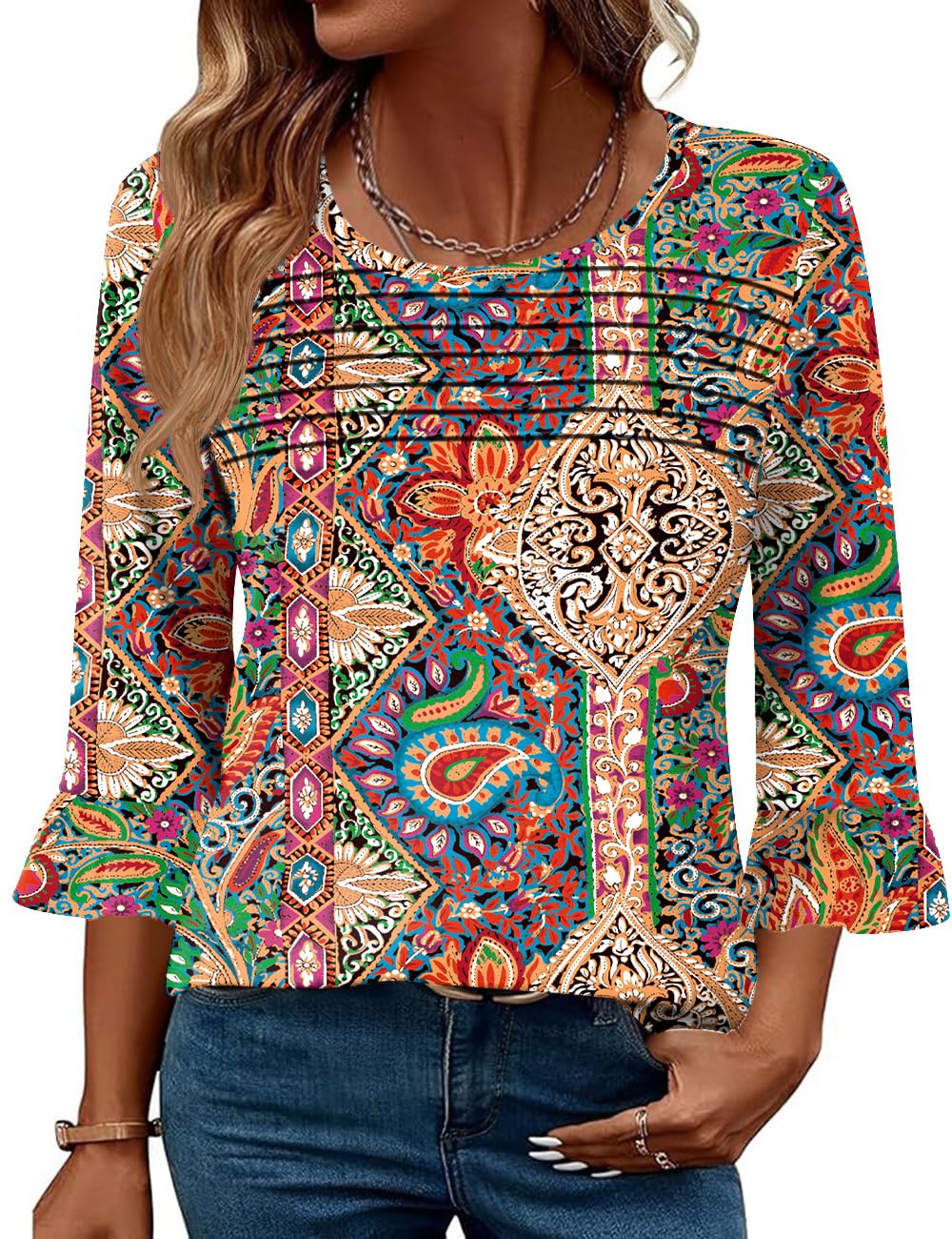 Blingfit Womens Tops 3/4 Length Sleeve Dressy Casual Shirts Bell Sleeve Front Pleated Fasion Trendy Summer Blouses 2026