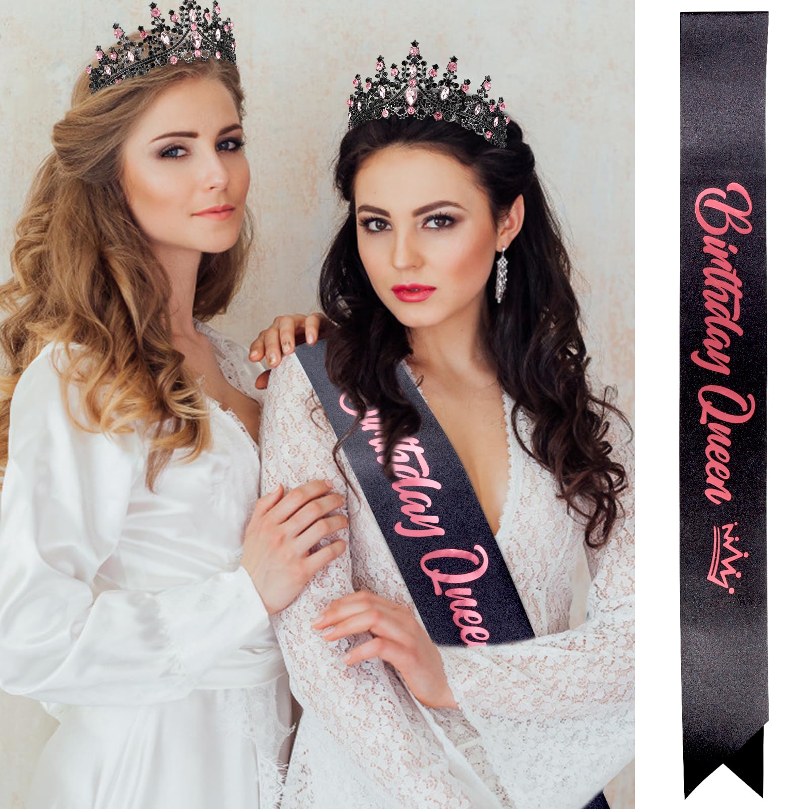 VELSCRUN AB Silver Crystal Birthday Queen Tiara Crowns for Women Girls Birthday Queen Headband Sash Elegant Princess Crown with Combs Hair Accessories Happy Birth Party Decorations Mom Gift