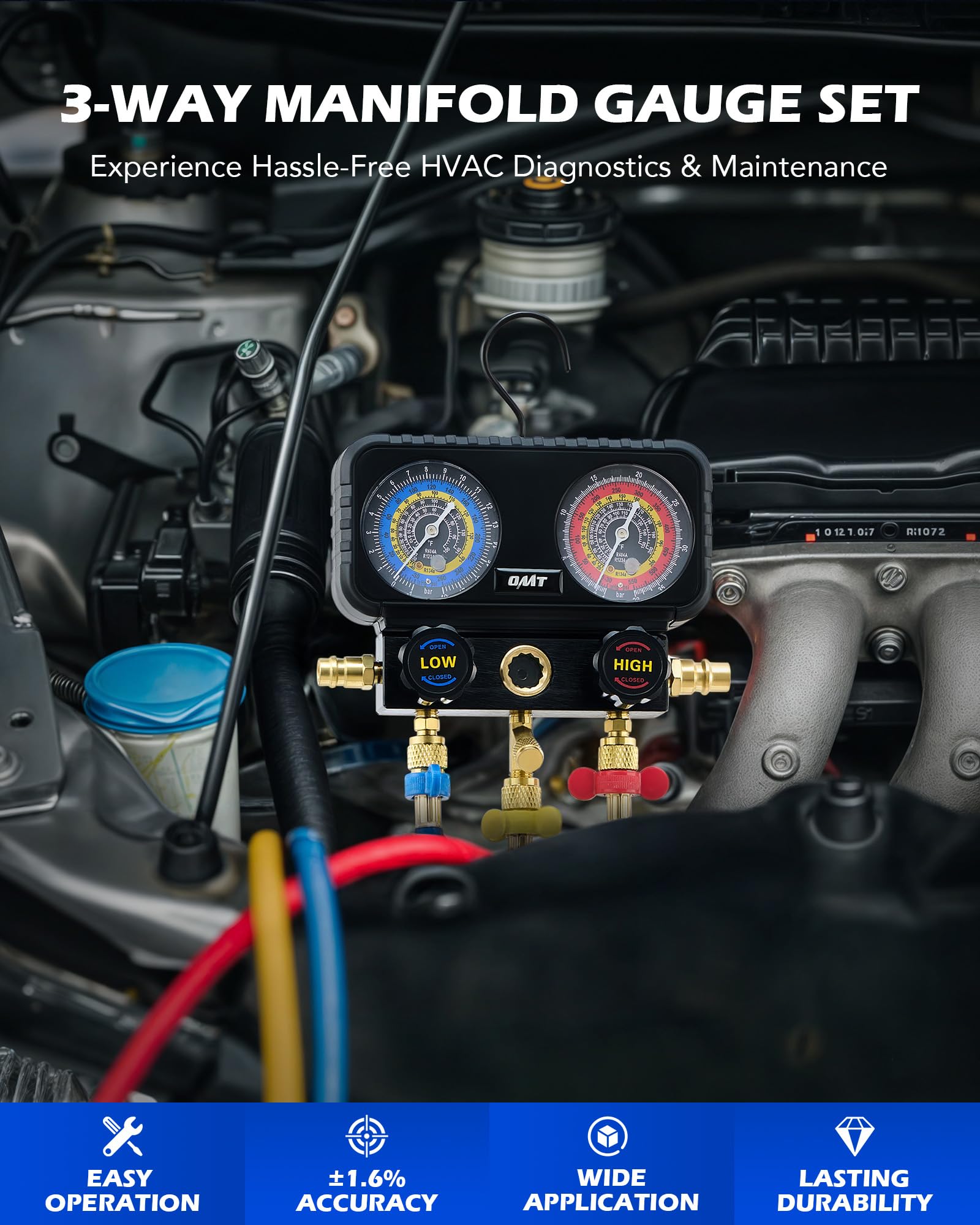 Orion Motor Tech AC Gauges, 3 Way Manifold Gauge Set for R1234yf R404a R134a Refrigerant, Automotive Gauge Set with Hoses Quick Couplers Self Sealing Can Taps for Car Freon Charging & Evacuation