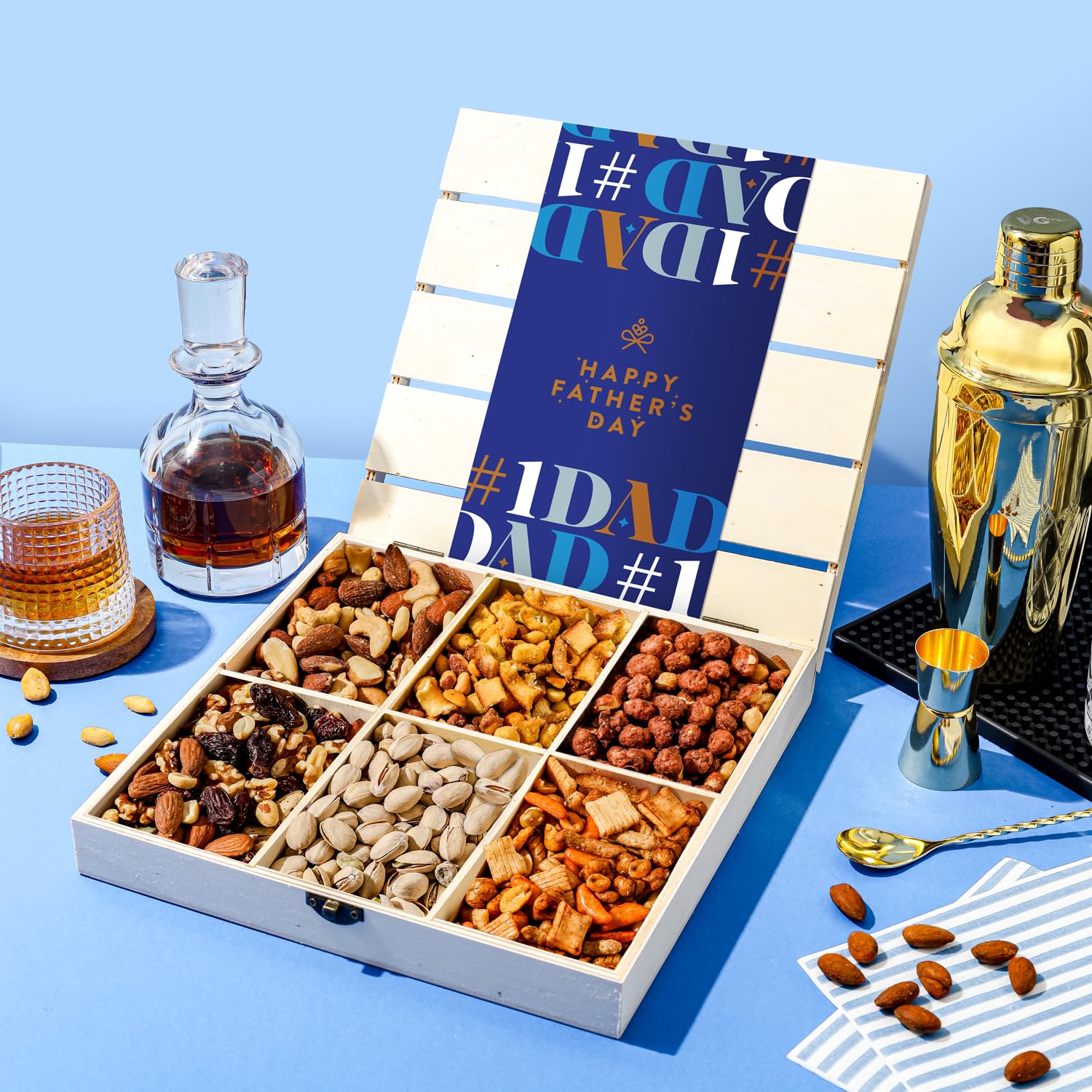 Nut Gift Basket, in Reusable Wooden Crate, Healthy Fathers Day Gift Option, Gourmet Snack Food Box, with Unique Flavors, Great for Feel Better, Sympathy & Birthday- Bonnie & Pop