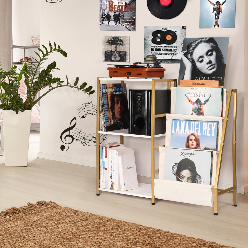 HYCFYJR Record Player Stand, 3-Tier Vinyl Record Storage, Turntable Stand with Now Playing Holder, Vinyl Display for Living Room, Grey & White