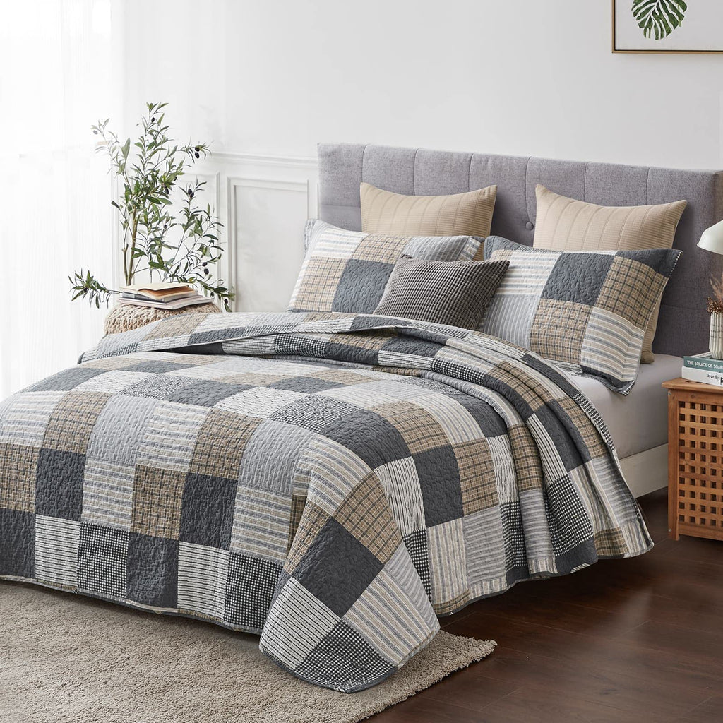 Y-PLWOMEN 100% Cotton Farmhouse Plaid Lightweight 3-Pieces Quilt Set (Blue Brown, Queen90 * 98 Inch)