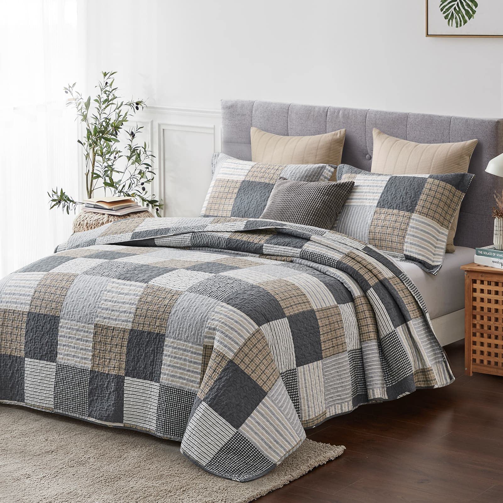 Y-PLWOMEN 100% Cotton Farmhouse Plaid Lightweight 3-Pieces Quilt Set (Blue Brown, Queen90 * 98 Inch)