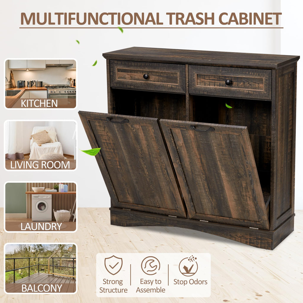 AHB Double Tilt Out Trash Can Cabinet Freestanding Kitchen Trash Can, 2x13 Gallons Hidden Garbage Recycling Cabinet with Hideaway Drawers Pet Proof Trash Can Holder for Kitchen, Antique White