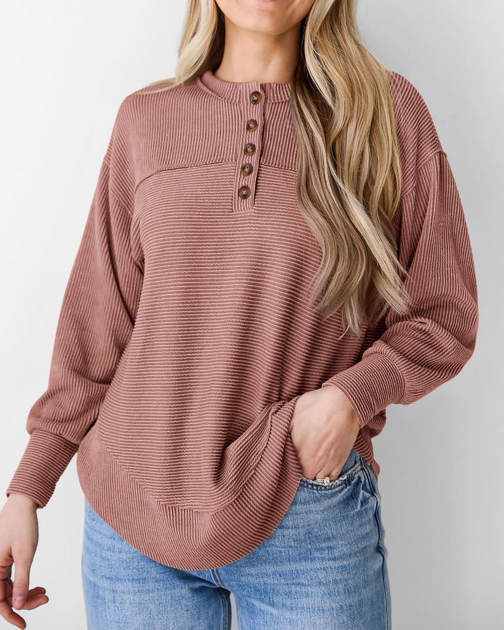 KIRUNDO Going Out Tops for Women Henley Shirts 2025 Casual Ribbed Knit Long Sleeve Tunic Summer Fall Button V Neck Blouse