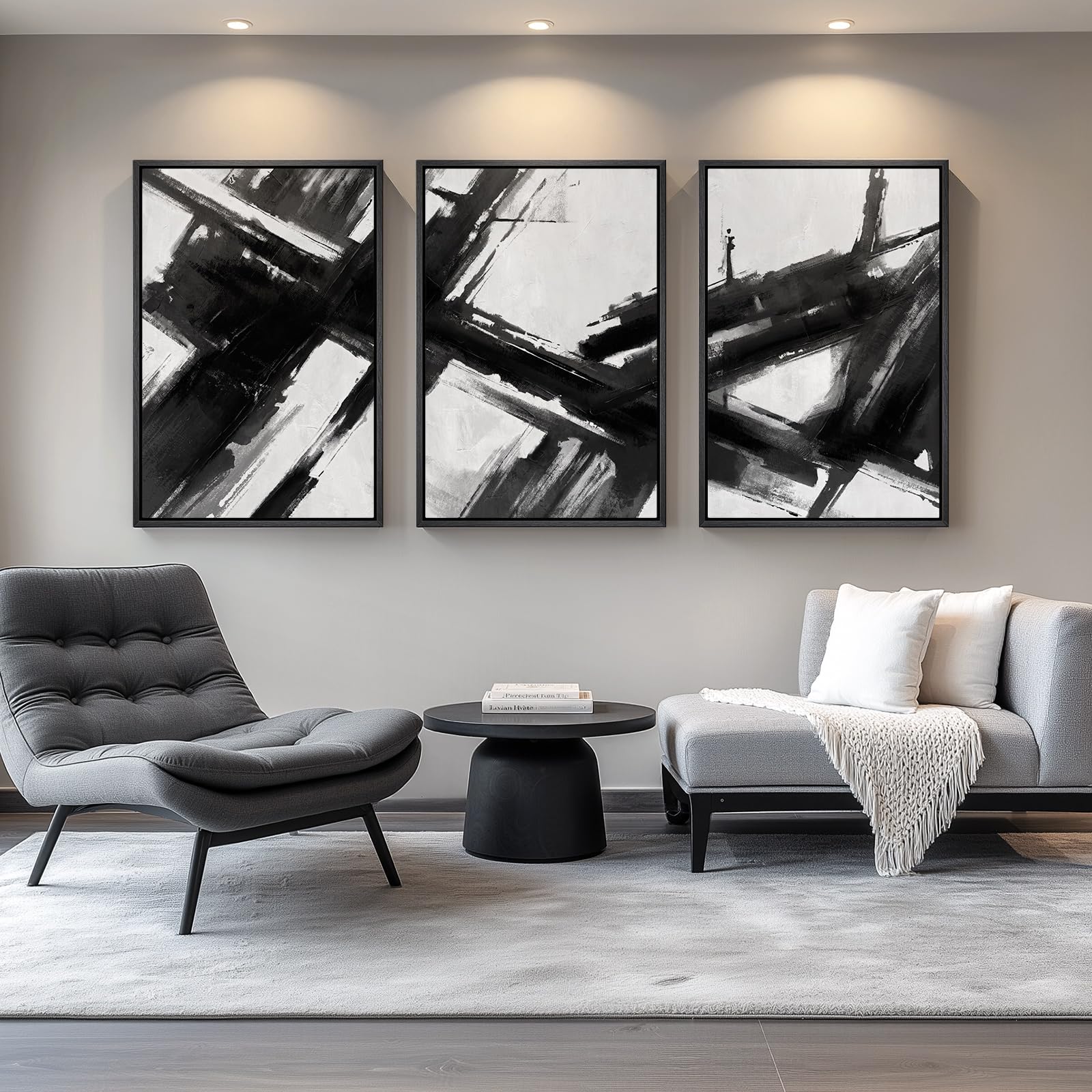 Framed Black and White Modern Abstract Wall Art, 3 Piece Canvas Prints Paintings Artwork for Walls, Minimalist Black White Grey Pictures for Living Room Dining Room Bedroom Office Wall Decor 16x24 In