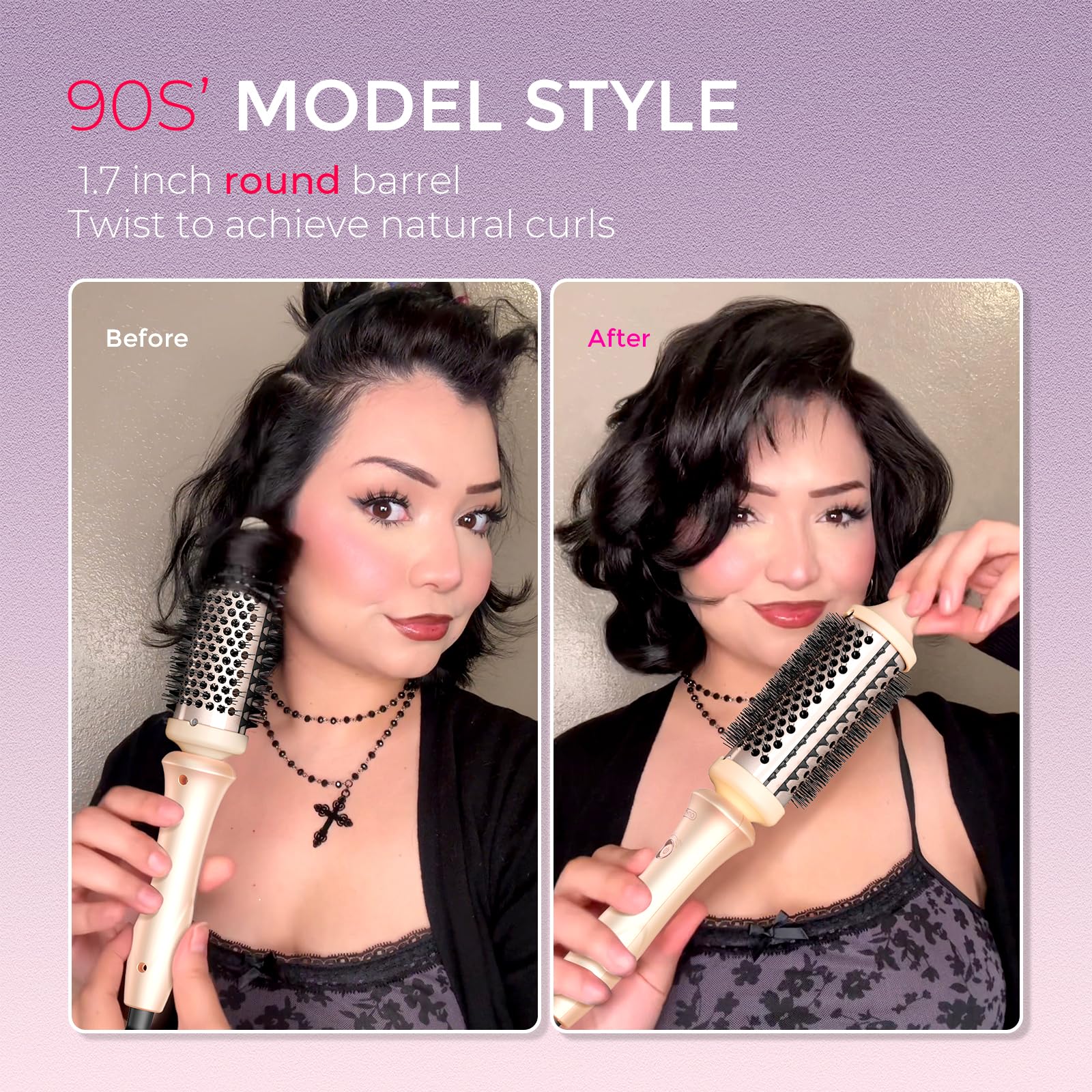 TYMO Thermal Brush Curling Brush - STYLUX 1.5 Inch Blowout Volumizer with Flexi-Fit for Hair Straightening, Heated Round Styler Tool, Hair Straightener and Curler 2 in 1, Dual Voltage, Gold