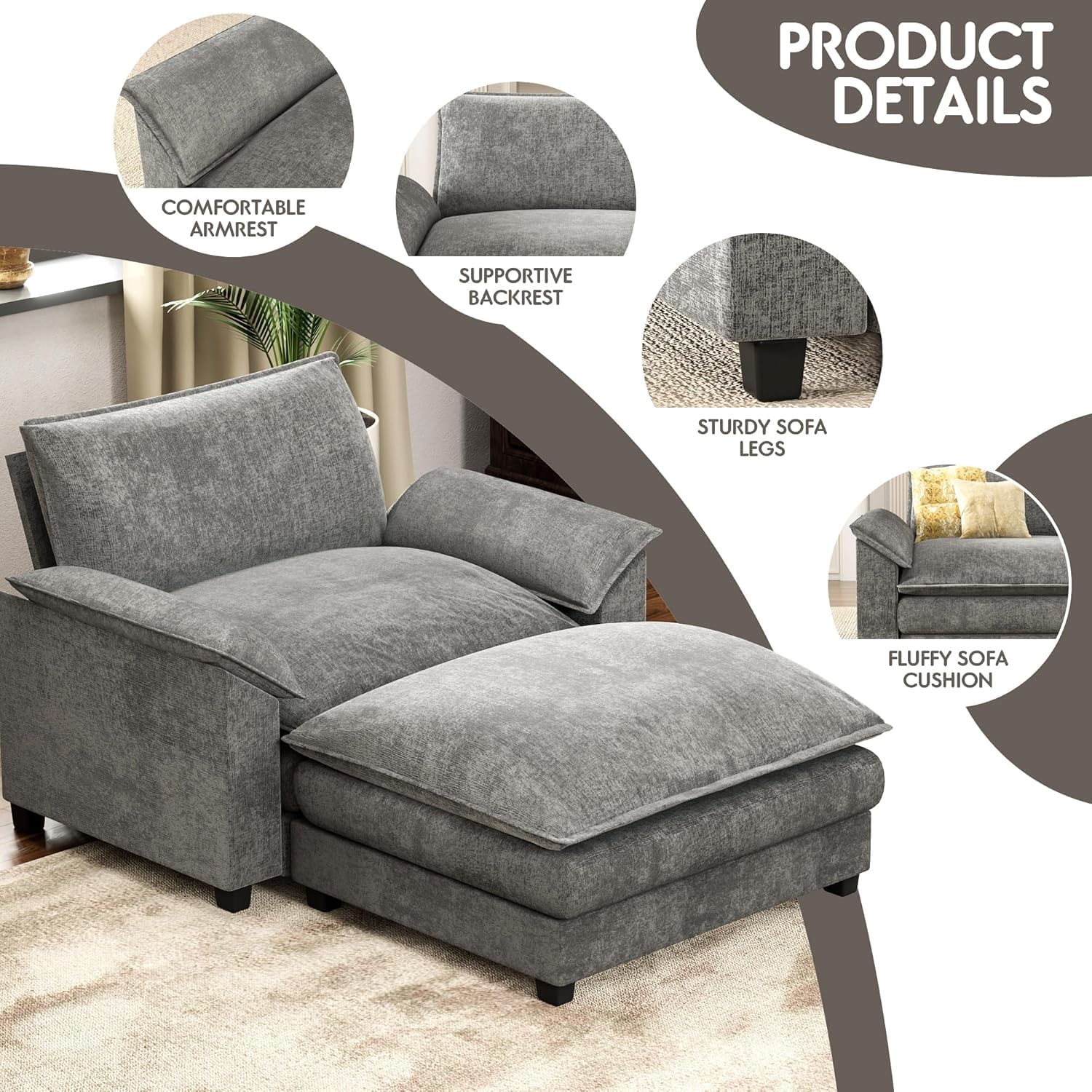 Homall 80" Modular Sectional Sofa, Loveseat Sofa Couch with Double-Layer Cushion, DIY Combination Chenille Deep 2-Seat Cloud Couch for Living Room, Apartment (Bright Grey, Loveseat Sofa)