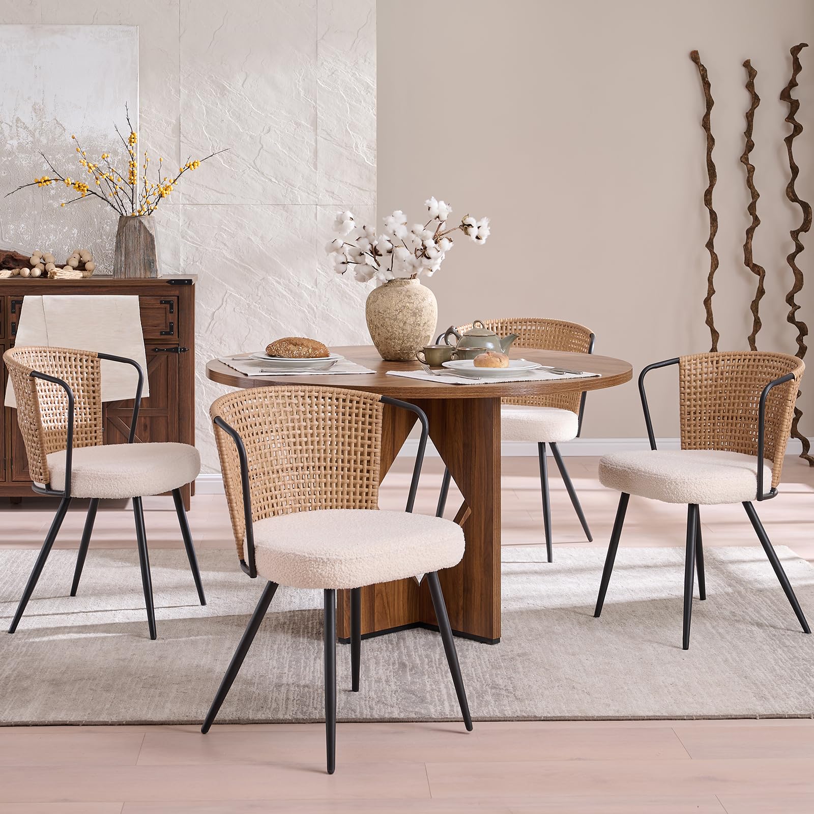 BedsPick Rattan Dining Chairs Set of 2 - Farmhouse Upholstered PE Rattan Kitchen Chair with Boucle Cushion, Wingback Dining Room Seat with Cane Back and Metal Legs for Home, Kitchen (Brown)