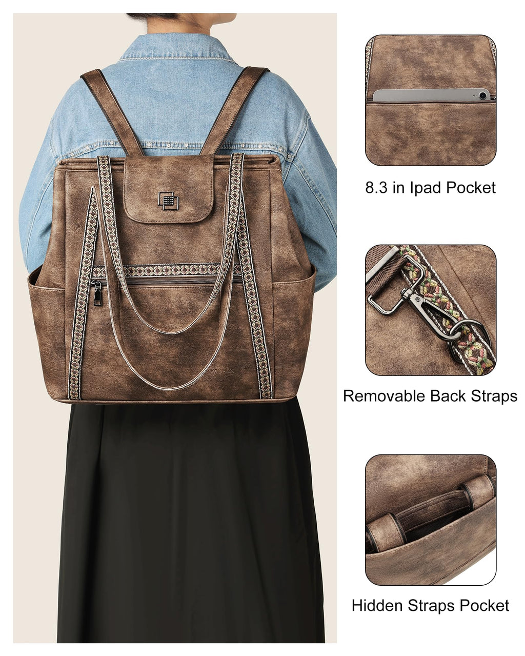 FADEON Large Laptop Tote Bag for Women Designer Leather Laptop Bag Fashion Travel Backpack Purse Shoulder Handbag