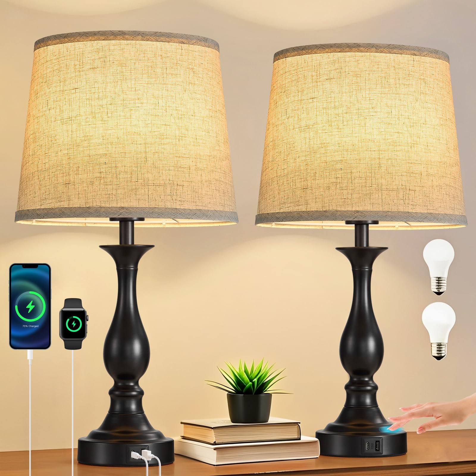 Bedside Table Lamp Touch Control Bedroom Lamps with USB A and C Charging Port 3 Way Dimmable Touch Lamps for Nightstand Living Room Bedroom Dorm Home Office Reading, Set of 2