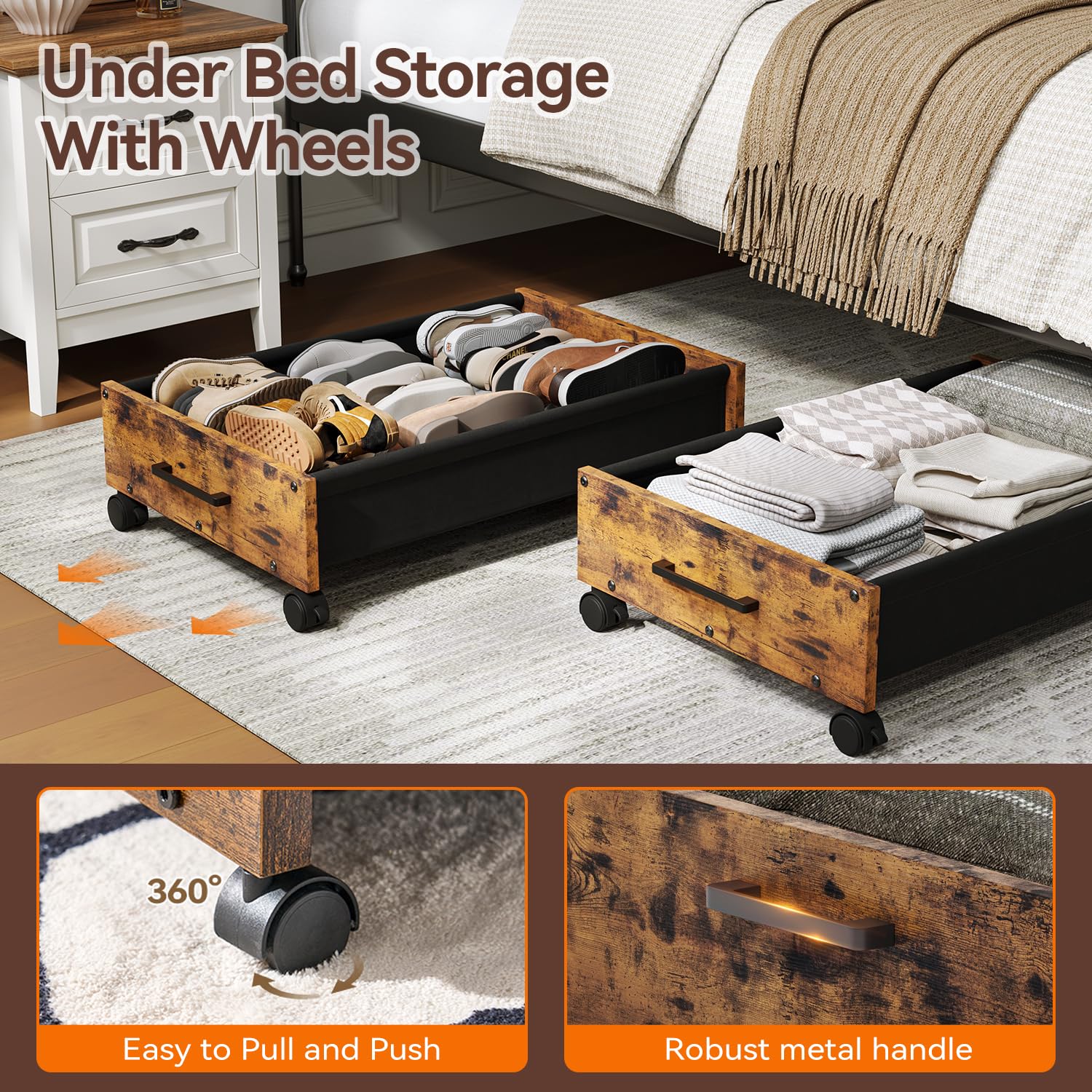 FOUCSSOMEI Under Bed Storage with Wheels, Wooden Under Bed Drawers On Wheels, Rolling Under Bed Shoe Storage, Space Saving, Black,30L