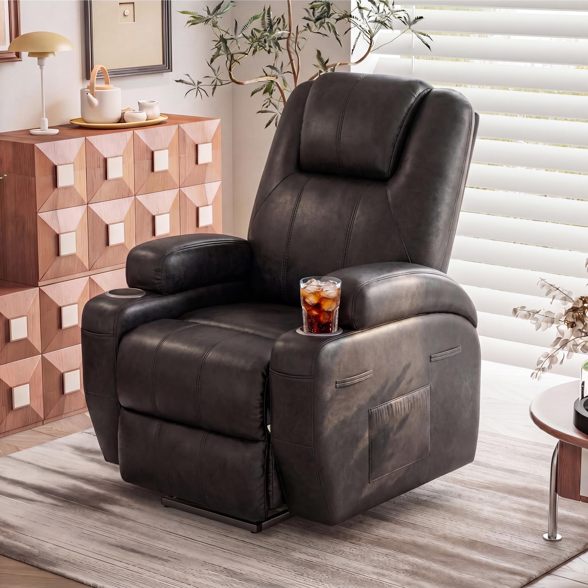 Furmax Electric Power Lift Recliner Chair with Massage for Elderly Corduroy Fabric Recliner Single Sofa with Cup Holders, Side Pockets and Remote Control for Living Room Bedroom (Leathaire, Brown)