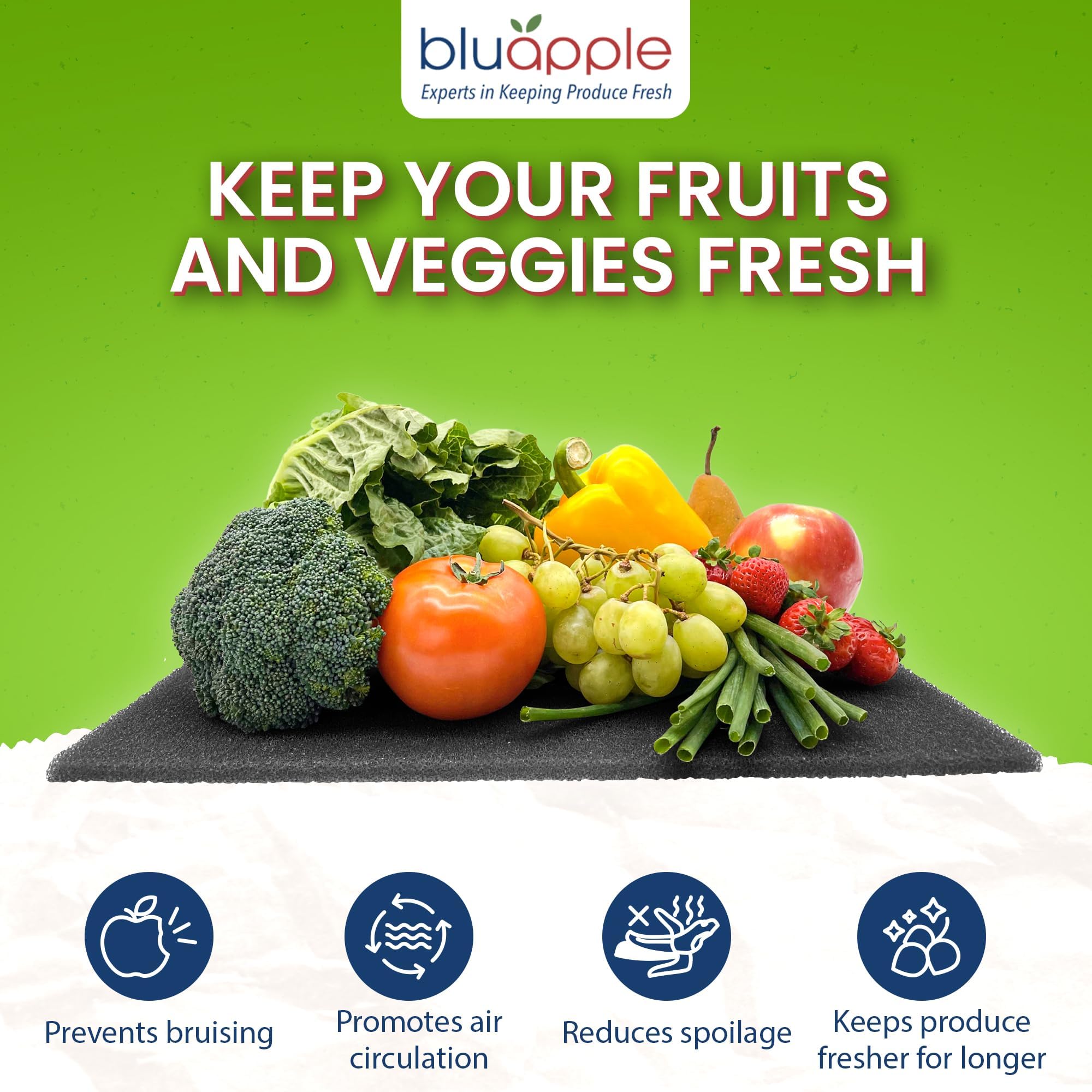 Bluapple FreshMats, Refrigerator Bin Liner, Fridge Drawer Mats, Crisper Life Extender Liner Keeps Produce Fresh Longer, Anti-Bruising, for Air Circulation, Washable & Reusable (4-Mats, 12x15, Black)