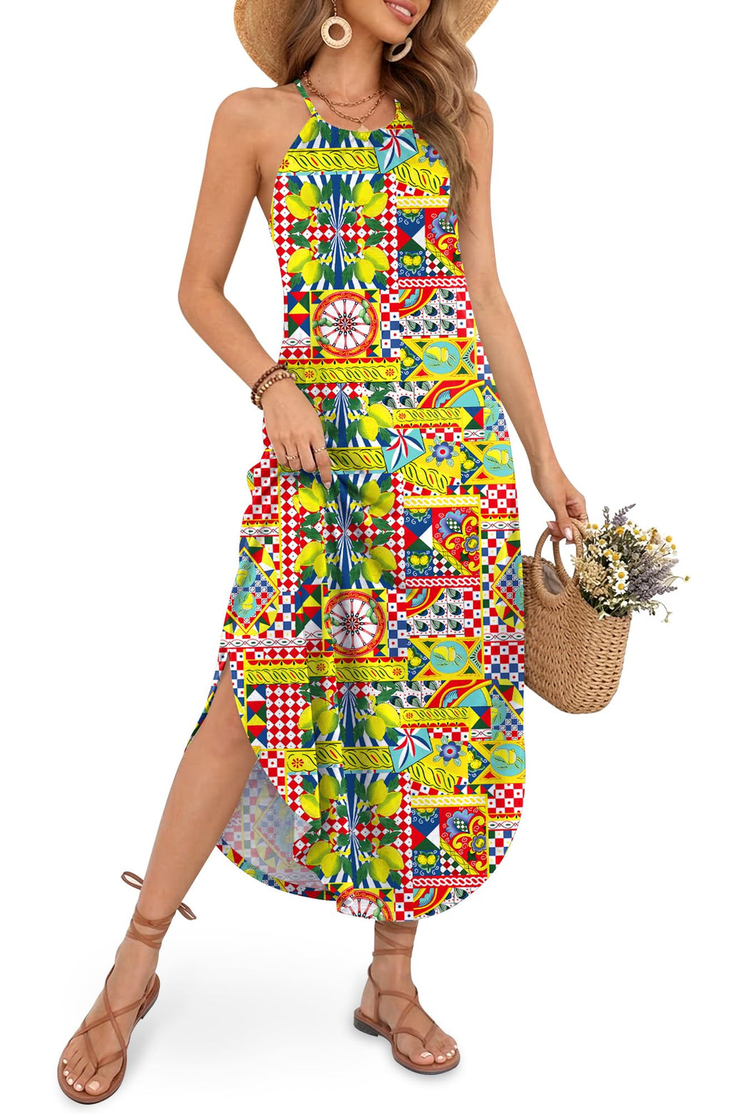 For G and PL Women's Summer Casual Halter Side Slit Maxi Beach Dress Resort Vacation Cruise Wear Sundress