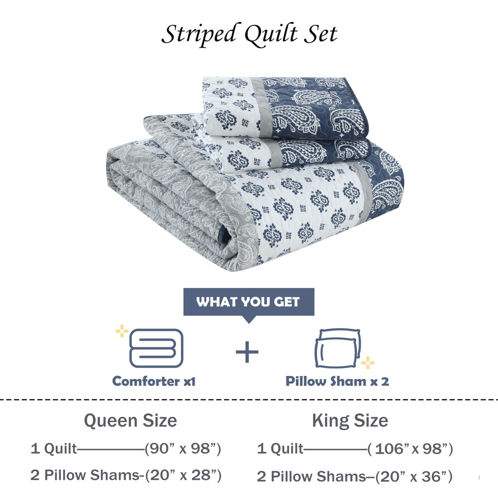 Yellow Quilts Queen Size, Paisley Comforter Set Queen Cotton Bed, Yellow Grey White Comforter, Striped Bedding Queen Size, Lightweight Luxury Bedspread,3 Piece