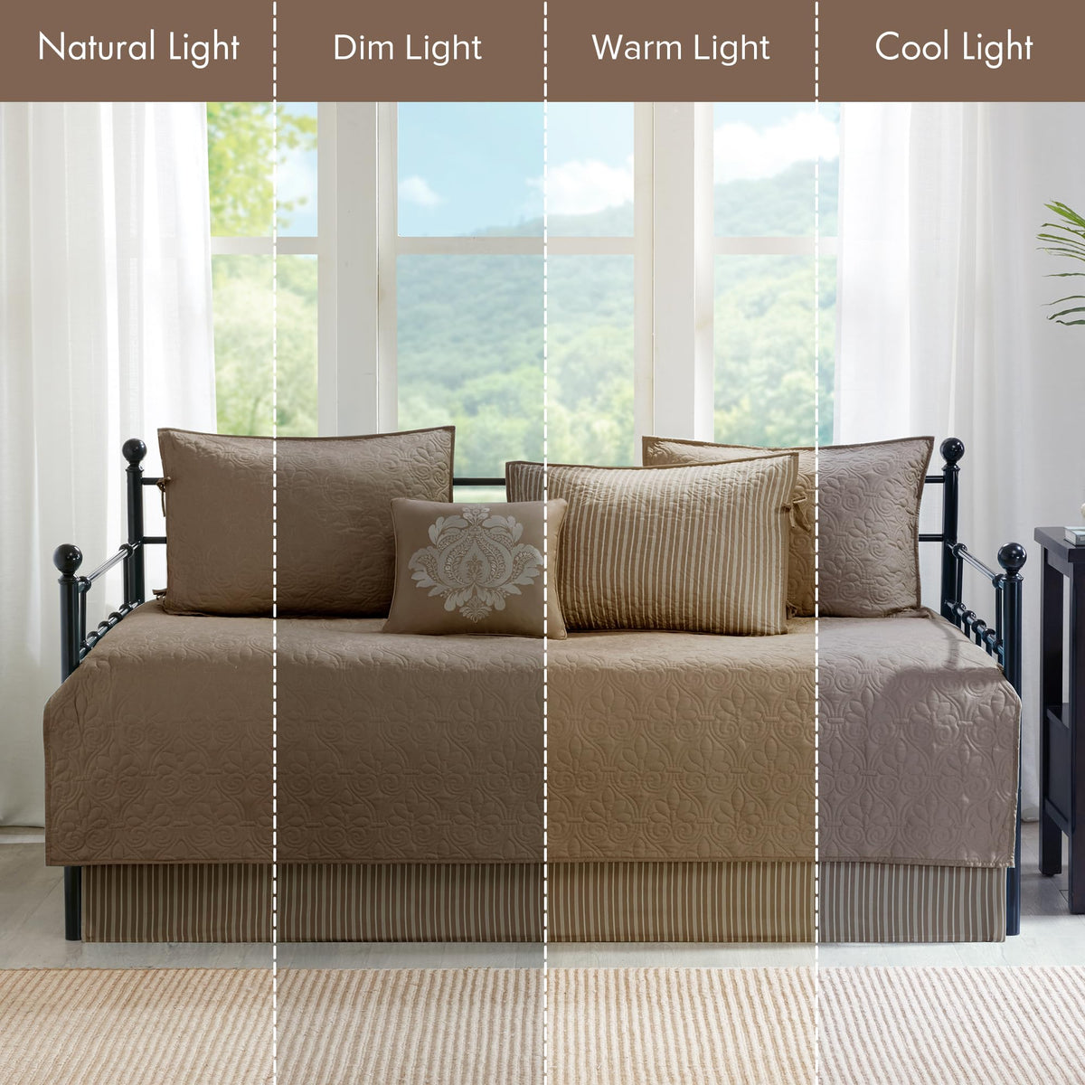 Madison Park Cotton Daybed Cover Set-Double Sided Quilting Classic Cottage Design All Season Bedding with Bedskirt, Matching Shams, Decorative Pillow, 75"x39", Quebec Dark Grey 6 Piece