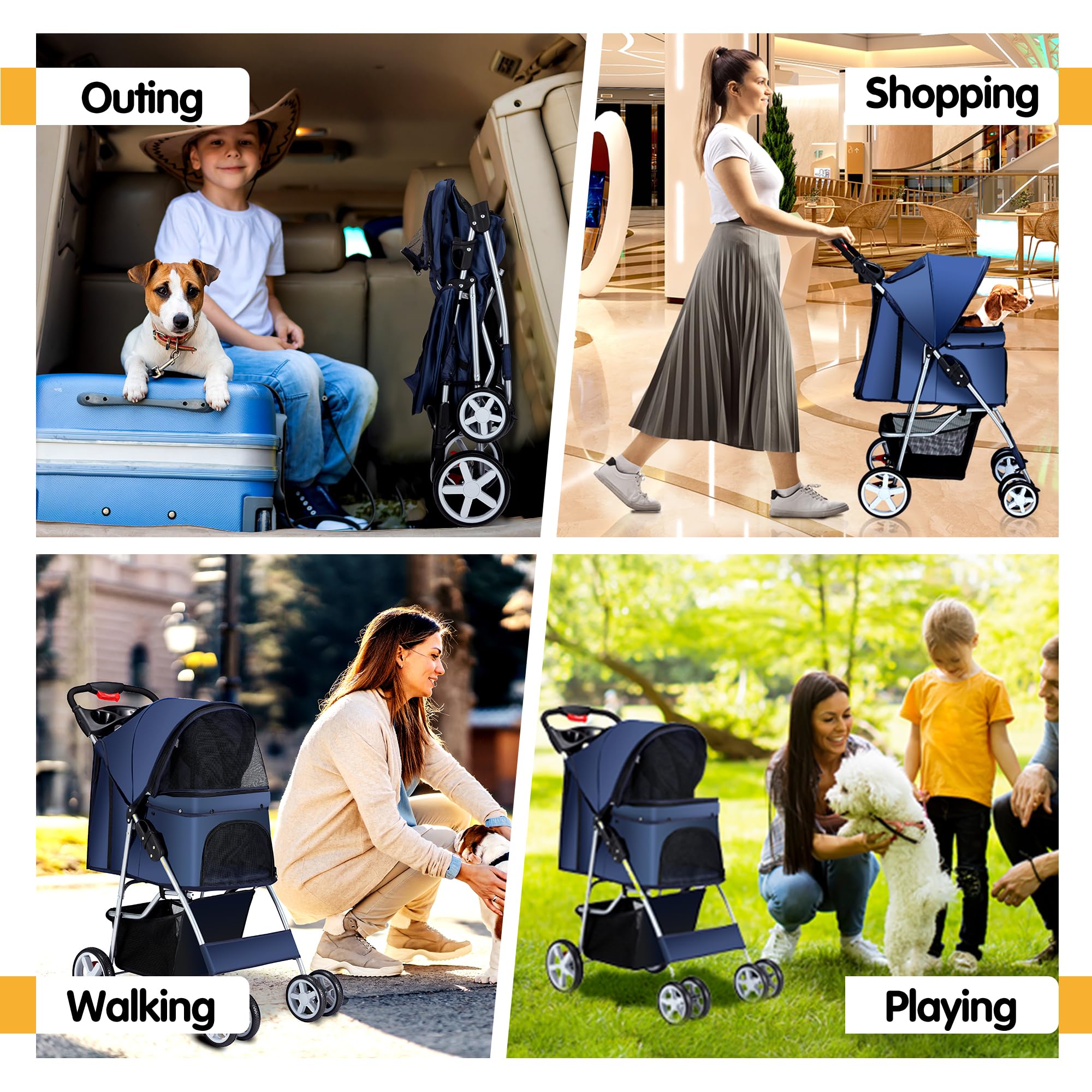 Pet Stroller, 4 Wheels Pet Strolling Cart for Medium/Small Dogs and Cats, Foldable Cat Jogger/Dog Stroller with Cup Holder, Storage Basket, Breathable Mesh, All-Season Pet Carrier, Black