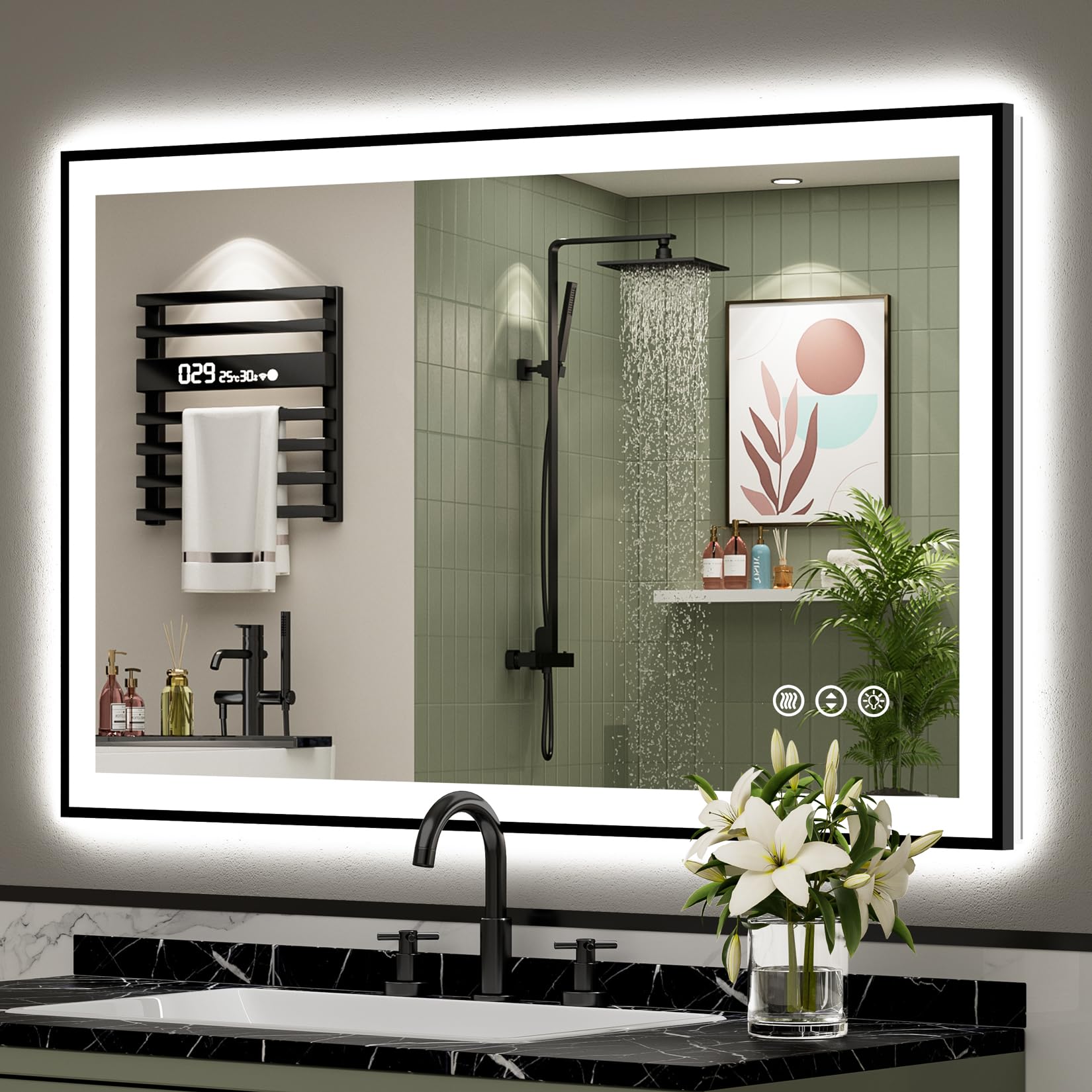 24x32 Black Framed LED Bathroom Mirror with Lights, Backlit and Front Lit Anti-Fog Lighted Vanity Mirrors for Bathroom Wall, Dimmable, 3 Colors, Memory, HD Tempered Glass, Horizontal/Vertical