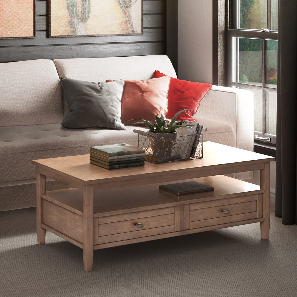 SIMPLIHOME Warm Shaker Coffee Table - 48 inch Wide Solid Wood Coffee Table in Black, Transitional Living Room Table with 2 Drawers, Open Shelf, Shaker Fronts and Tapered Legs