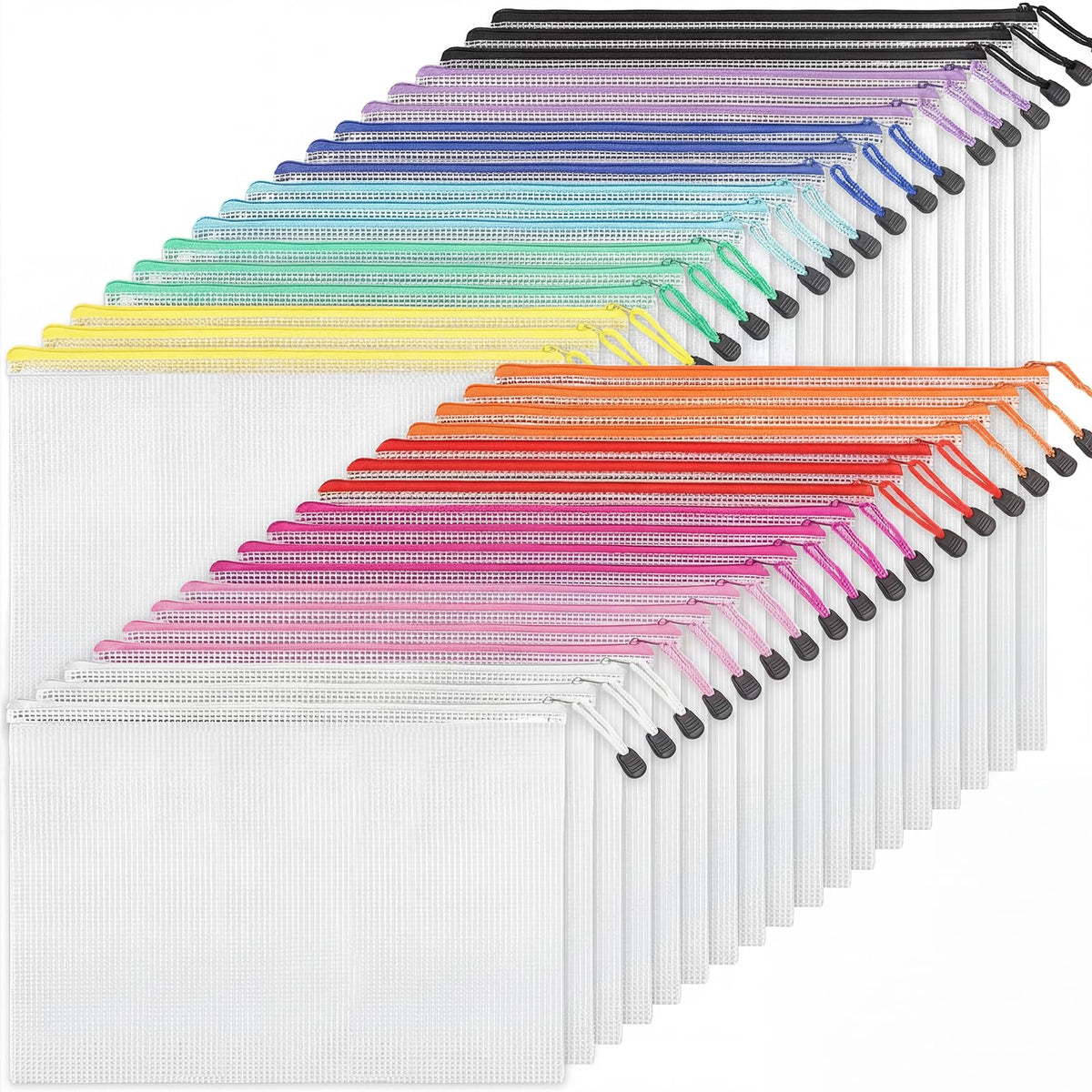 EOOUT 24pcs Mesh Zipper Pouch Bags A3 Extra Large Document Bag with Label Pocket, 16.9x12 Inches, Plastic Zip File Folders, Puzzles, Board Game Storage for Organizing Office Home