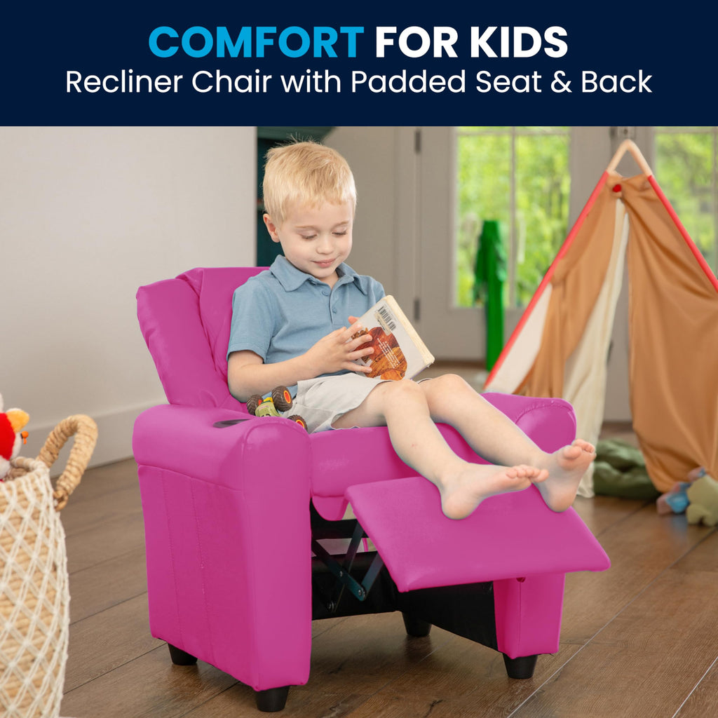 Flash Furniture Vana Vinyl Kids Recliner with Cup Holder, Headrest, and Safety Recline, Contemporary Reclining Chair for Kids, Supports up to 90 lbs., Beige