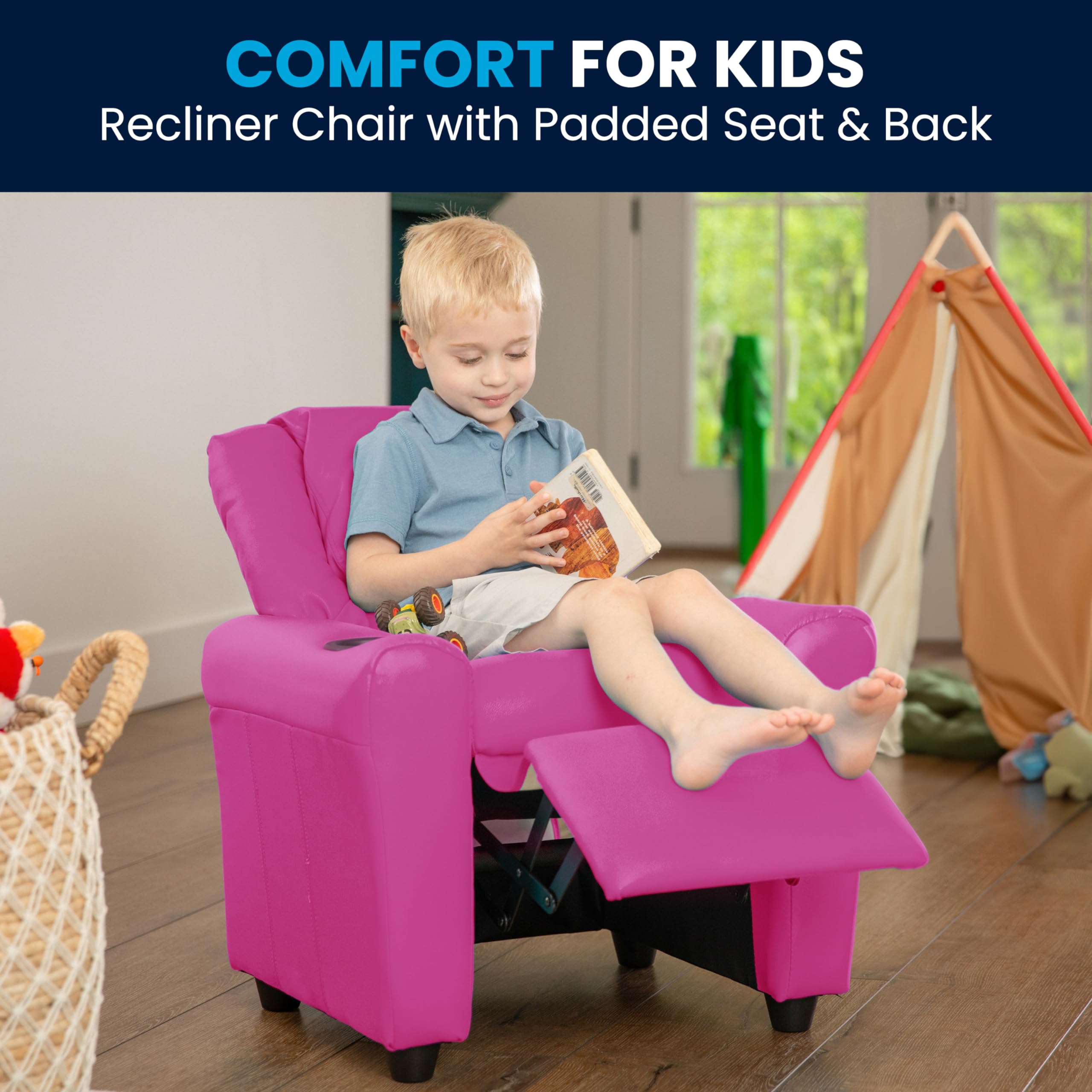 Flash Furniture Vana Vinyl Kids Recliner with Cup Holder, Headrest, and Safety Recline, Contemporary Reclining Chair for Kids, Supports up to 90 lbs., Beige