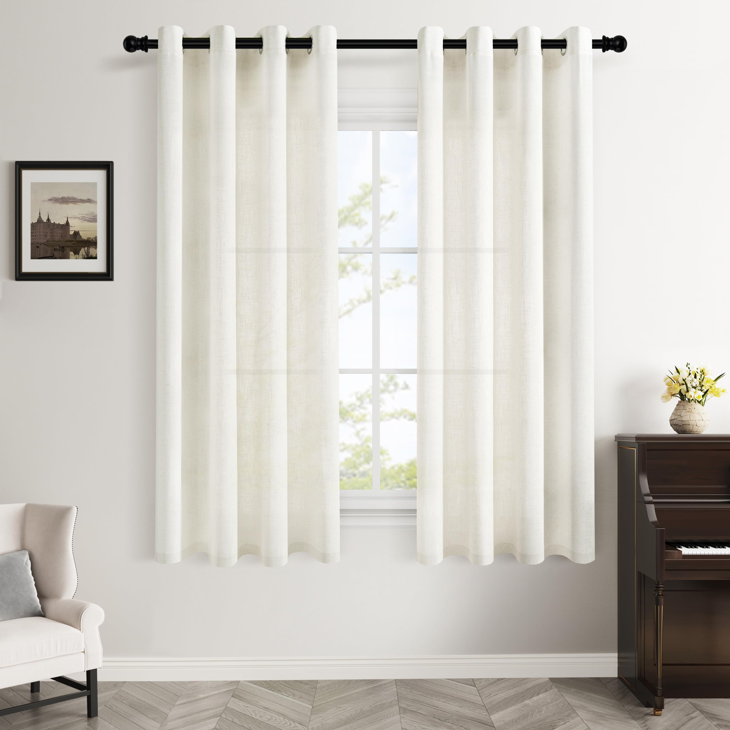 Aersas Black Bedroom Linen Curtains 63 Inch Length 2 Panel Privacy Energy Efficient Semi Sheer Black Linen Drapes for Living Room Modern Farmhouse Grommet Window Curtain for Nursery Office 52x63