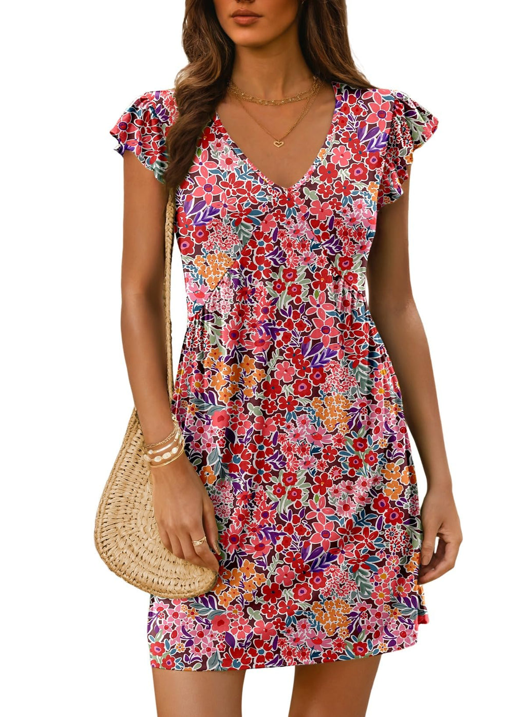 Dokotoo Women's Summer Dresses Beach 2026 Casual Deep V Neck Loose Sundress Ruffle Sleeve Mini Dress