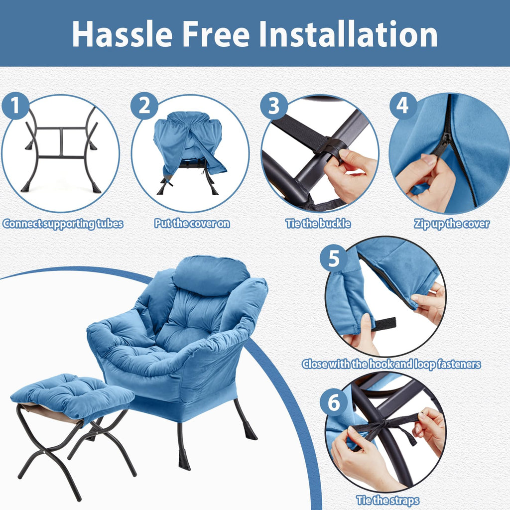 Youtanic Lazy Chair with Folding Ottoman, Accent Chair Velvet Upholstered with Metal Structure and Non-Slip Pads, Sofa Armchair with Footrest and Side Storage Bag for Dorm, Room, Office, Beige