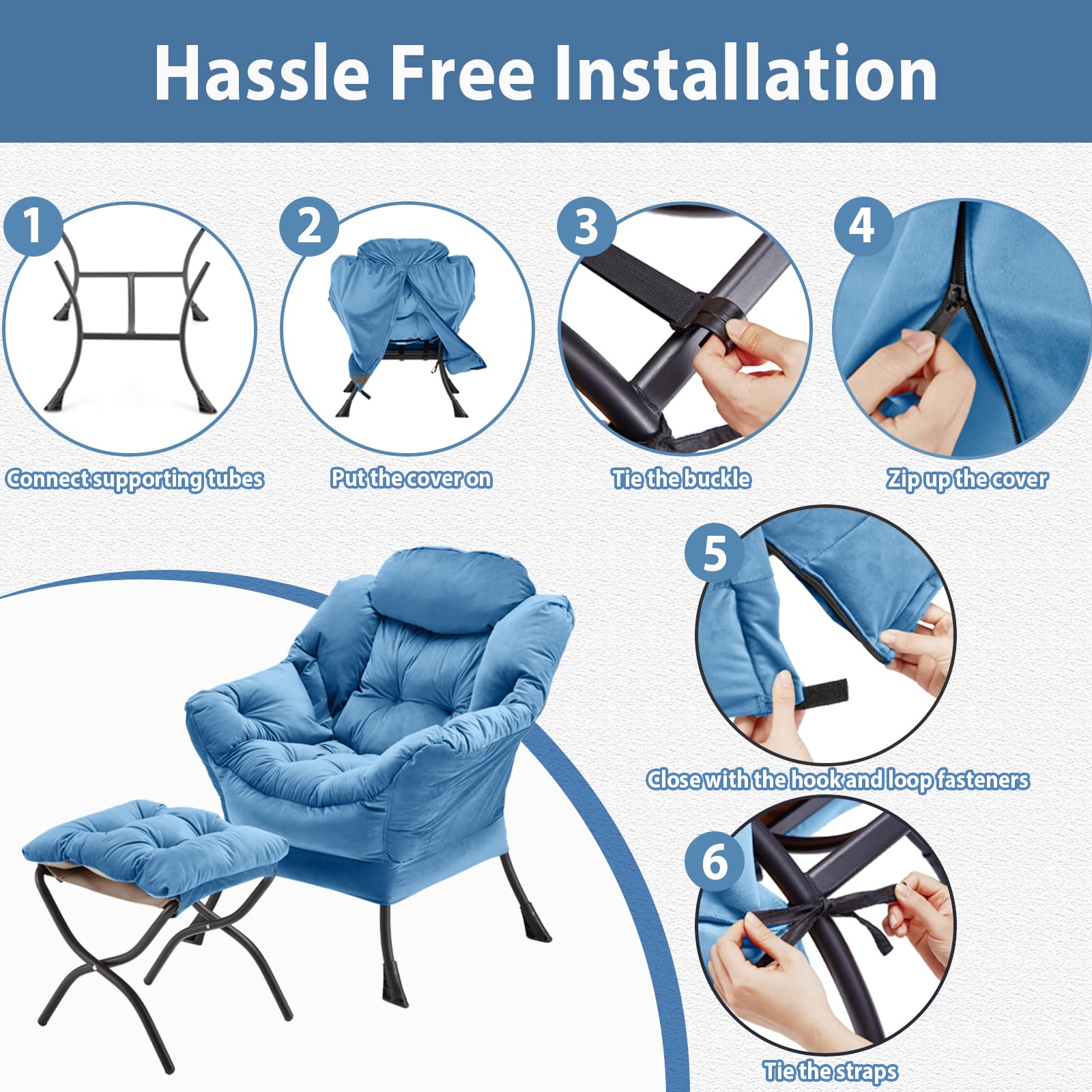 Youtanic Lazy Chair with Folding Ottoman, Accent Chair Velvet Upholstered with Metal Structure and Non-Slip Pads, Sofa Armchair with Footrest and Side Storage Bag for Dorm, Room, Office, Beige