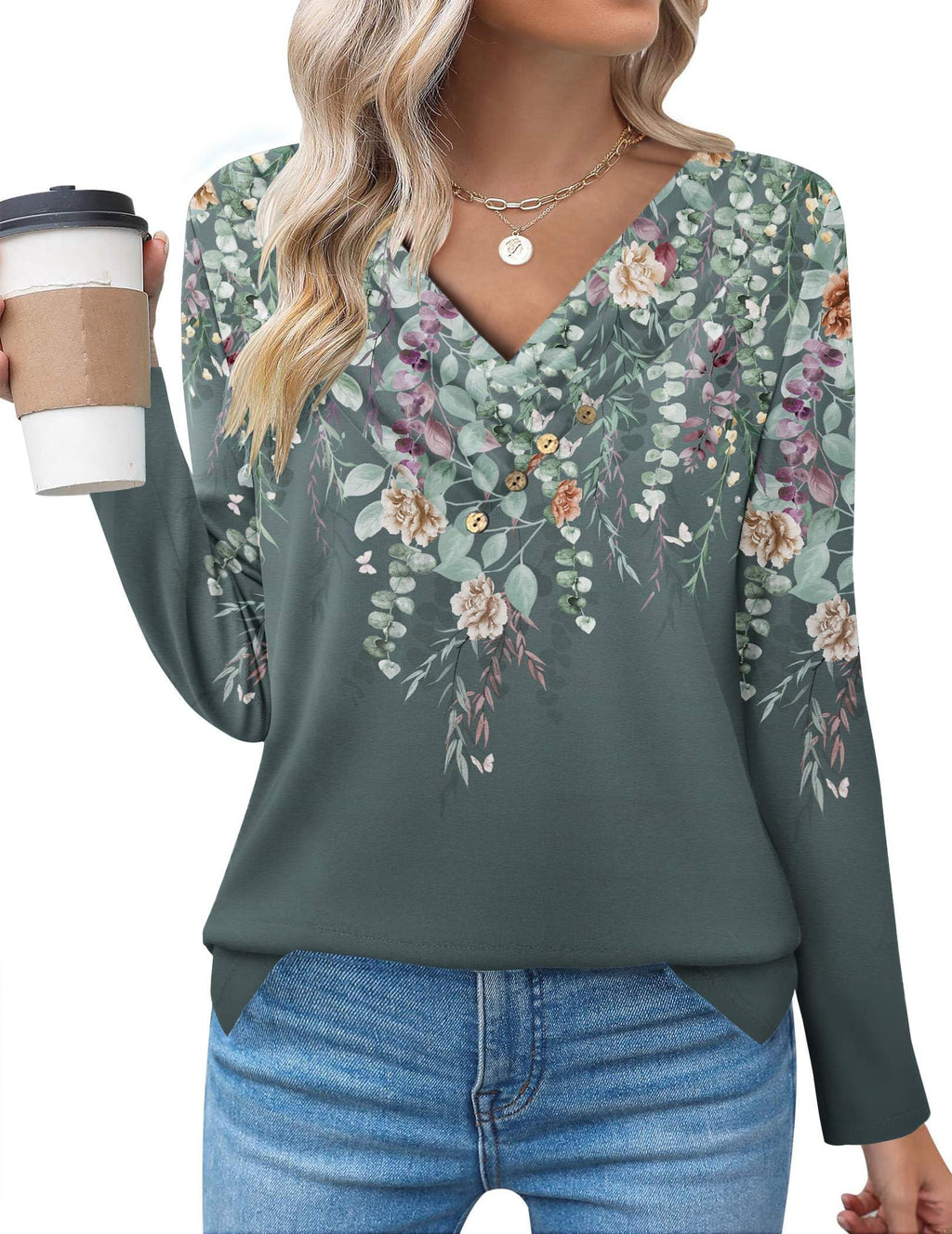 Zeagoo Women's Casual Tunic Tops Long Sleeve Shirts for Leggings V Neck Button Fall Pullover Blouse Loose Sweatshirts