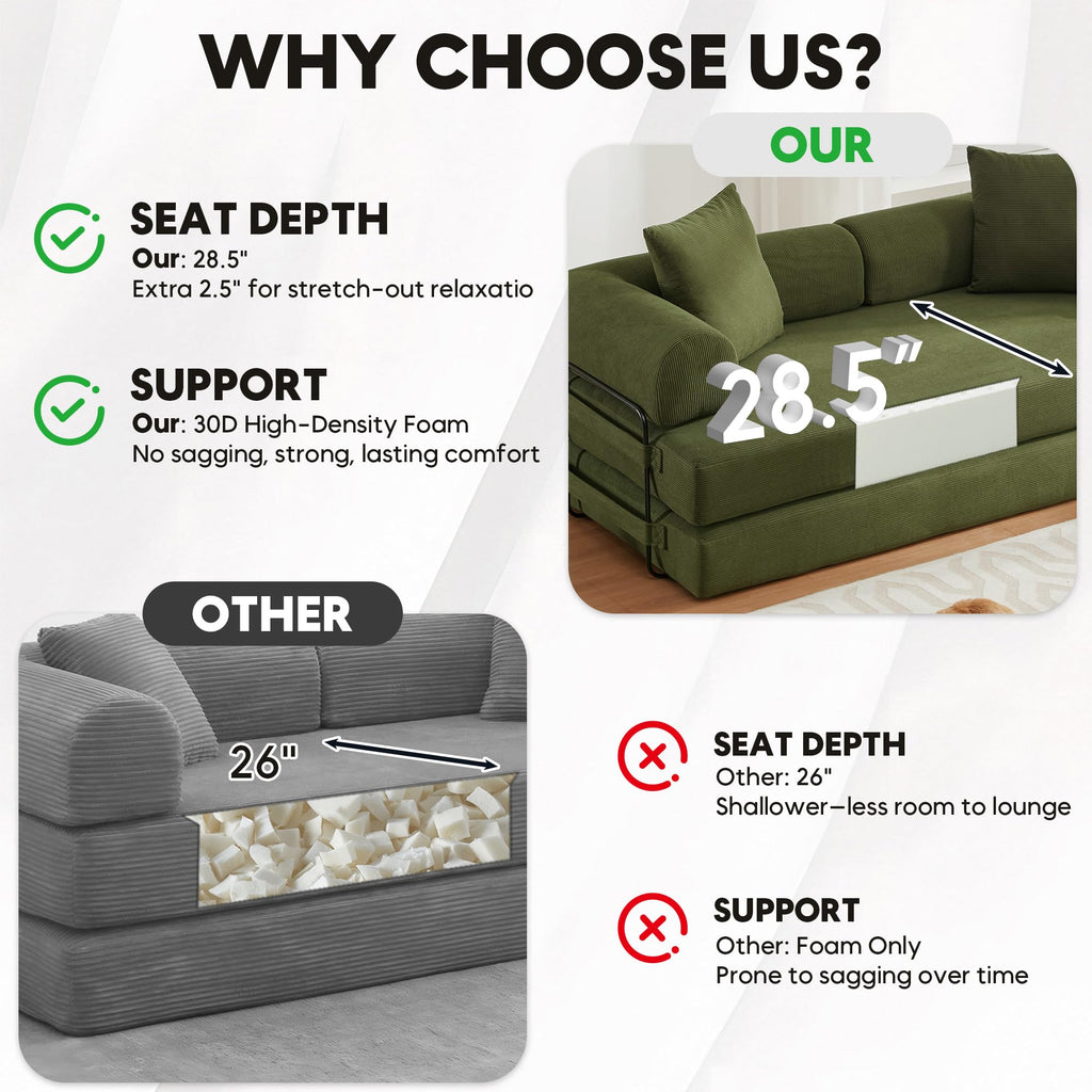 ZEIINPA 59“ Convertible Floor Sofa Bed, 5-in-1 Futon Sofa Bed Pull Out Sleeper Couch, Modern Corduroy Compressed Loveseat, Modular Boneless Couches for Living Room, No Assembly Required, Beige