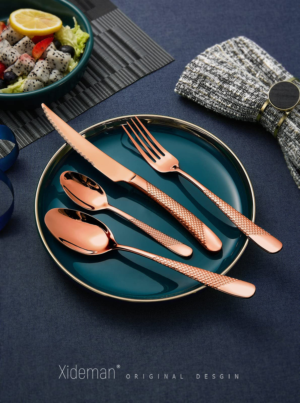 16-Piece Modern Black Hammered Silverware Set with Ultra Sharp 2-IN-1 Serrated Knives, 18/10 Stainless Steel Flatware Set, Titanium Plated Cutlery Set Service for 4, Dishwasher Safe