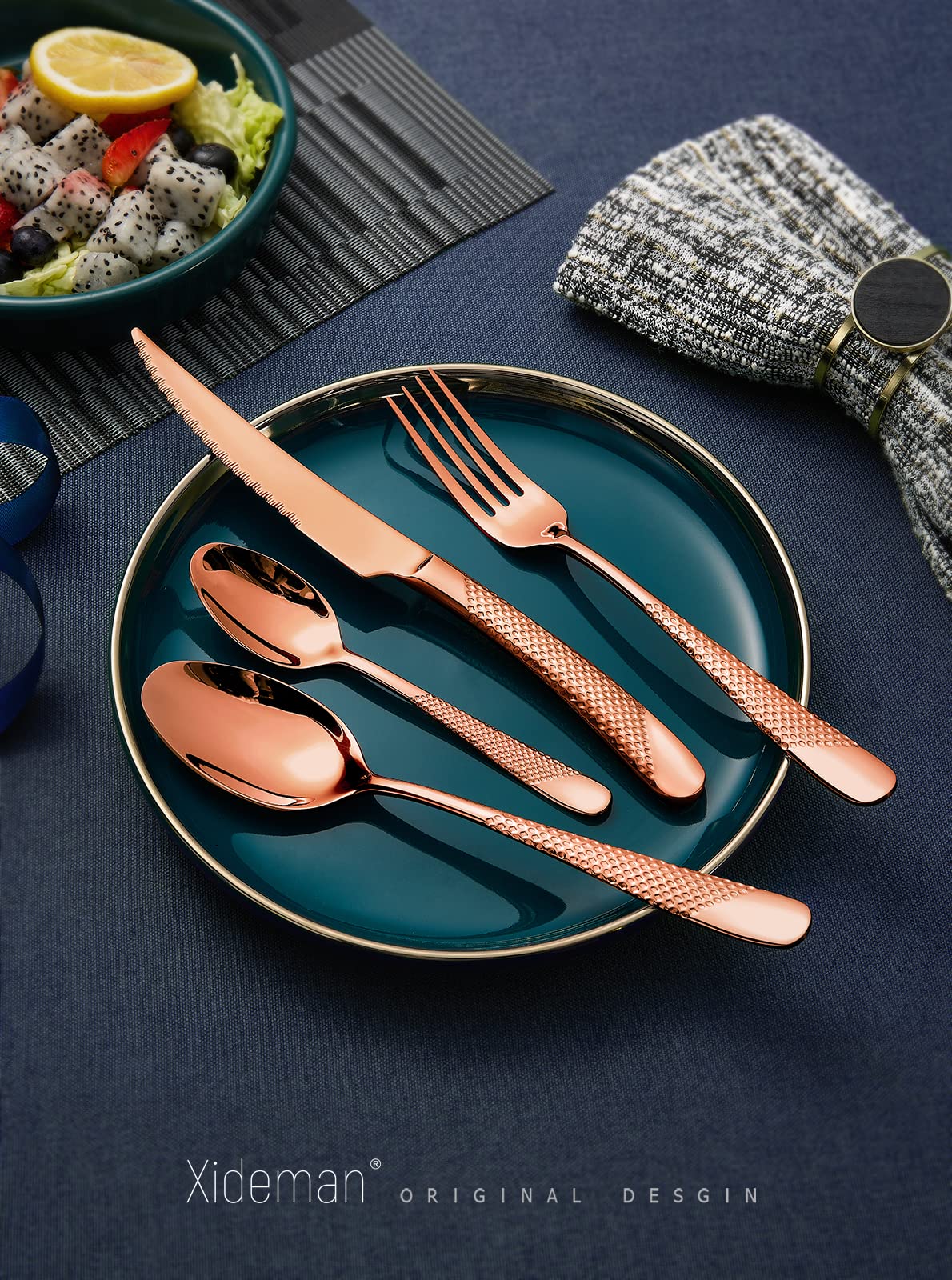 16-Piece Modern Black Hammered Silverware Set with Ultra Sharp 2-IN-1 Serrated Knives, 18/10 Stainless Steel Flatware Set, Titanium Plated Cutlery Set Service for 4, Dishwasher Safe