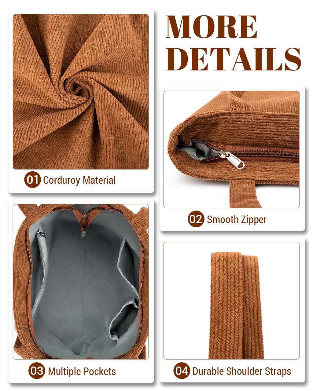 Iioscre Corduroy Tote Bag for Women,Hobo HandBags with Zipper,Large Capacity Casual Shoulder Handbags with Inner Pockets
