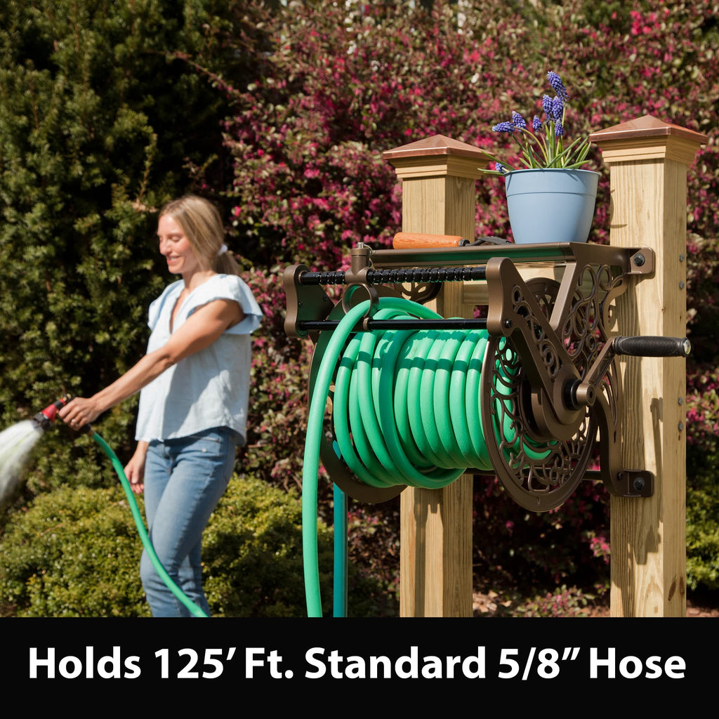 Liberty GARDEN 704 Decorative Cast Aluminum Wall Mount Garden Hose Reel, Holds 125-Feet of 5/8-Inch Hose - Bronze