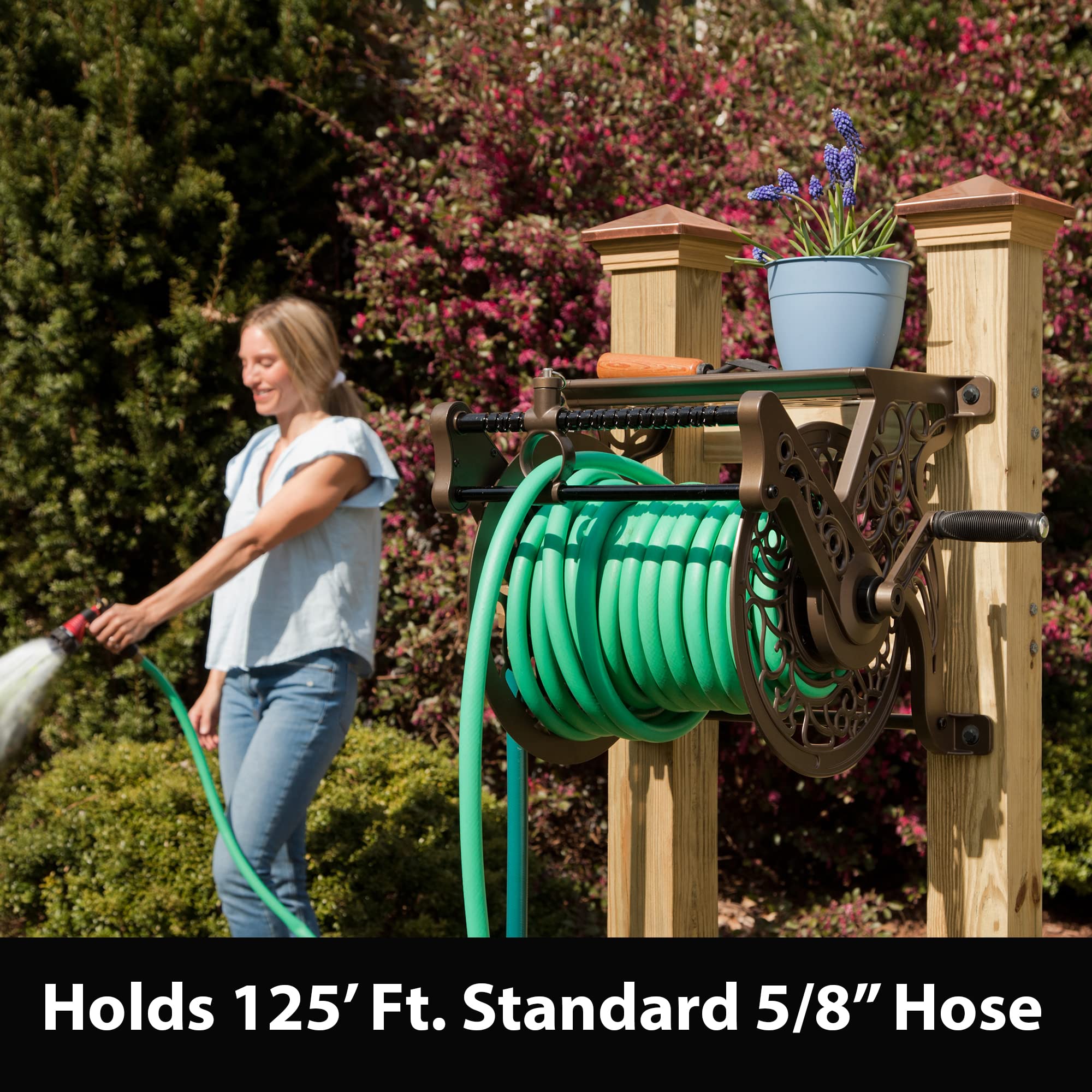 Liberty GARDEN 704 Decorative Cast Aluminum Wall Mount Garden Hose Reel, Holds 125-Feet of 5/8-Inch Hose - Bronze