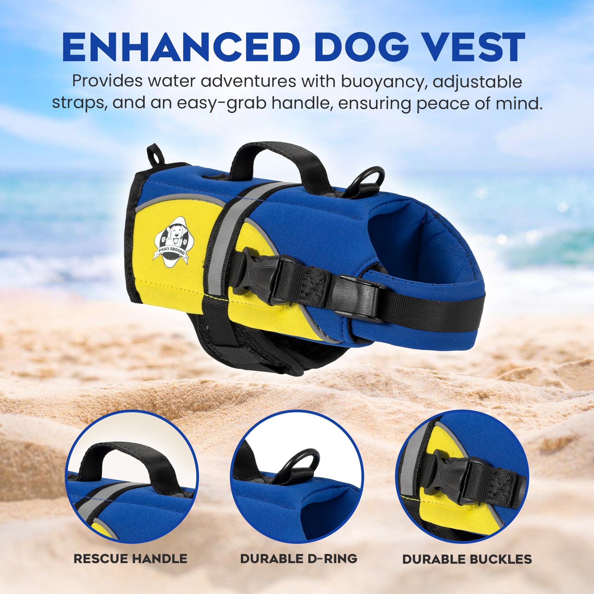 Dog Life Jacket — Premium Swim Vest with SafeChin Anti-Choke Collar | PAWS Aboard Blue & Yellow | RapidLift Rescue Handle, D-Ring, Reflective Trim | Boating, Kayaking, Pool | XX-Small (Under 6 lbs)