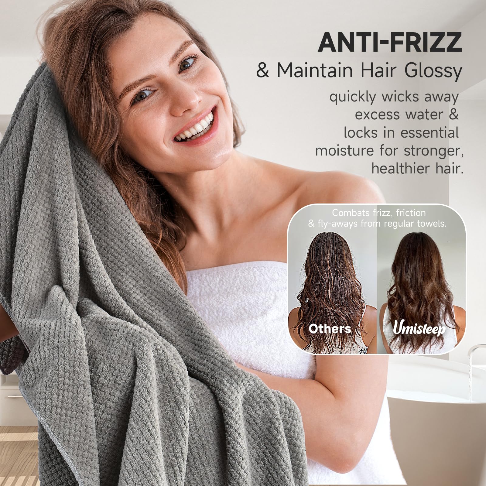 Umisleep Extra Large Microfiber Hair Towel for Women Long, Curly, Thick Hair, Super Soft Anti Frizz Quick Dry Hair Towel Wrap, Ultra Absorbent Hair Turban with Elastic Band Grey