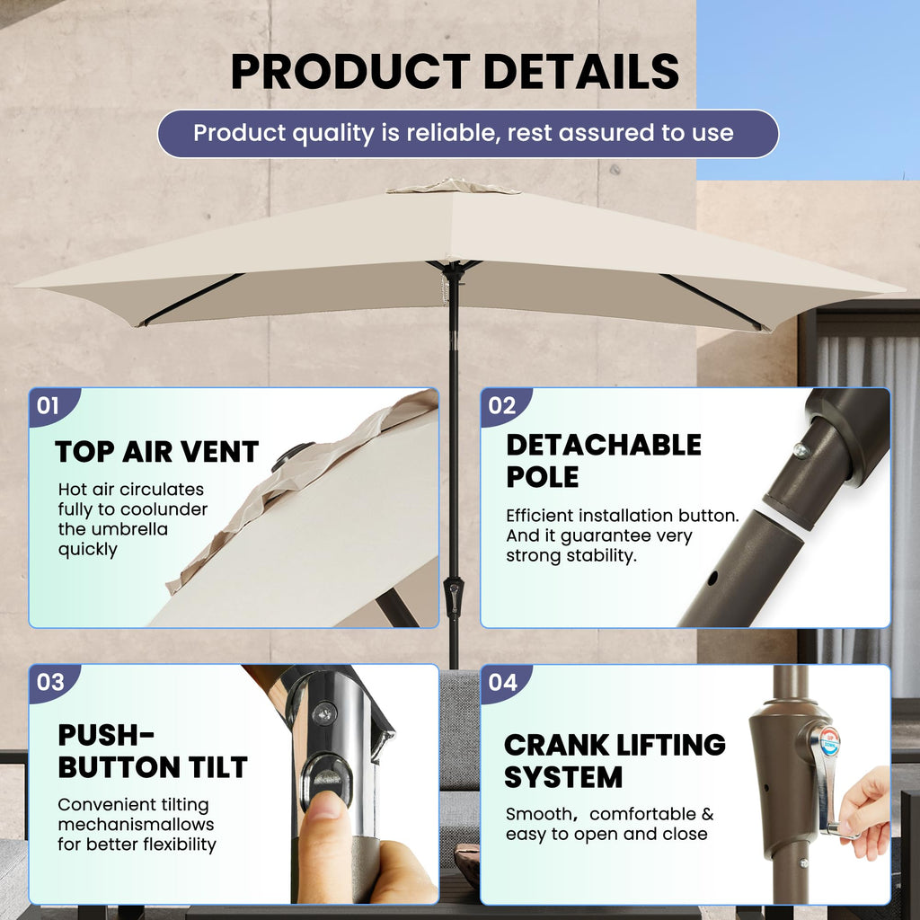 Ayge 6.5x10FT Rectangular Patio Umbrella Outdoor Table Umbrella w/Push Button Tilt & Crank Rectangle Market Umbrella UV Protection for Garden,Deck,Lawn,Yard & Pool,Beige