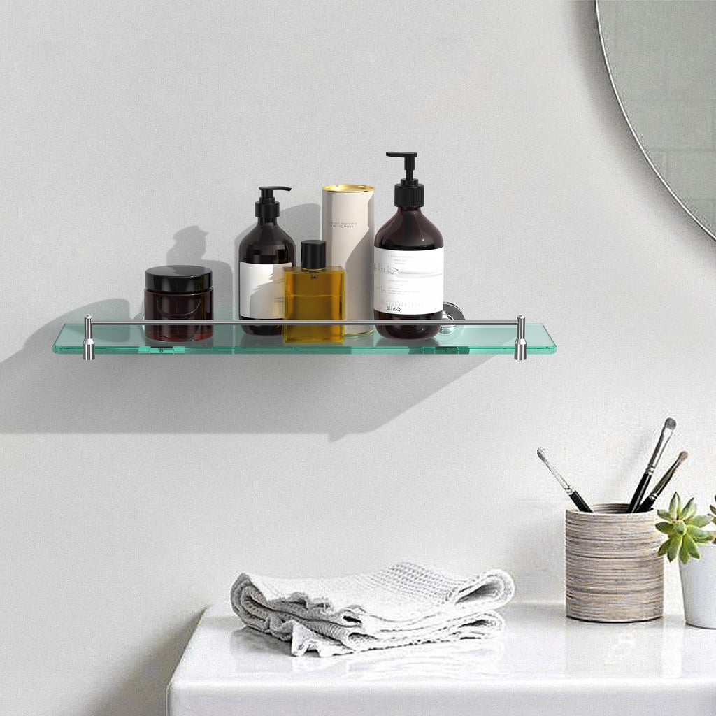 Glass Bathroom Shelves,Brushed Gold Floating Shelves for Wall Rectangular Modern Stainless Steel Glass Shelf for Bathroom Shelves wall Mounted 16 Inch