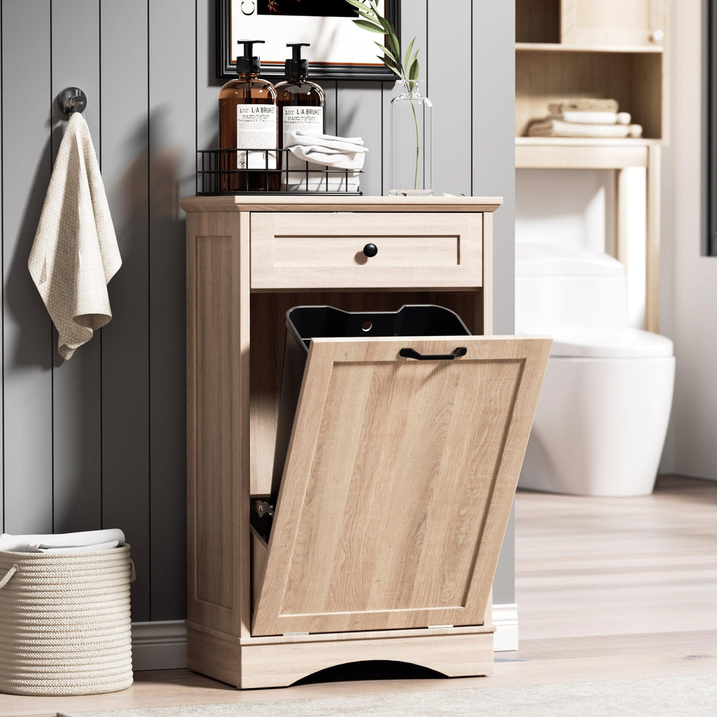 AHB Double Tilt Out Trash Can Cabinet Freestanding Kitchen Trash Can, 2x13 Gallons Hidden Garbage Recycling Cabinet with Hideaway Drawers Pet Proof Trash Can Holder for Kitchen, Antique White