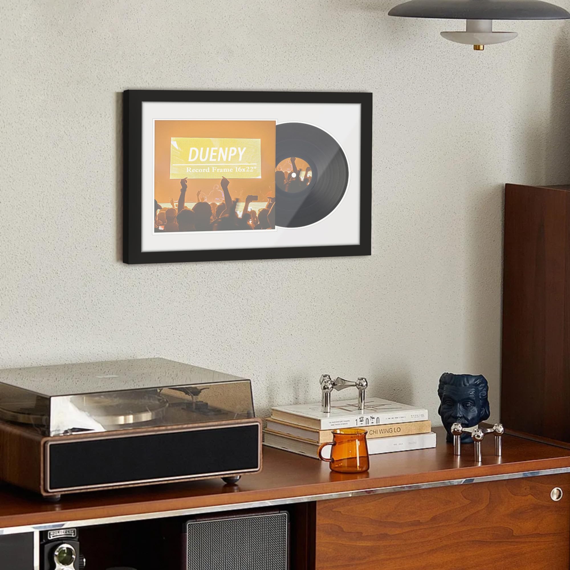 DUENPY Vinyl Record Display Frame 16x22 Inches Display Record Album and 12.5x12.5 Album Cover Art（Black Bottom Mat） Wall Mount