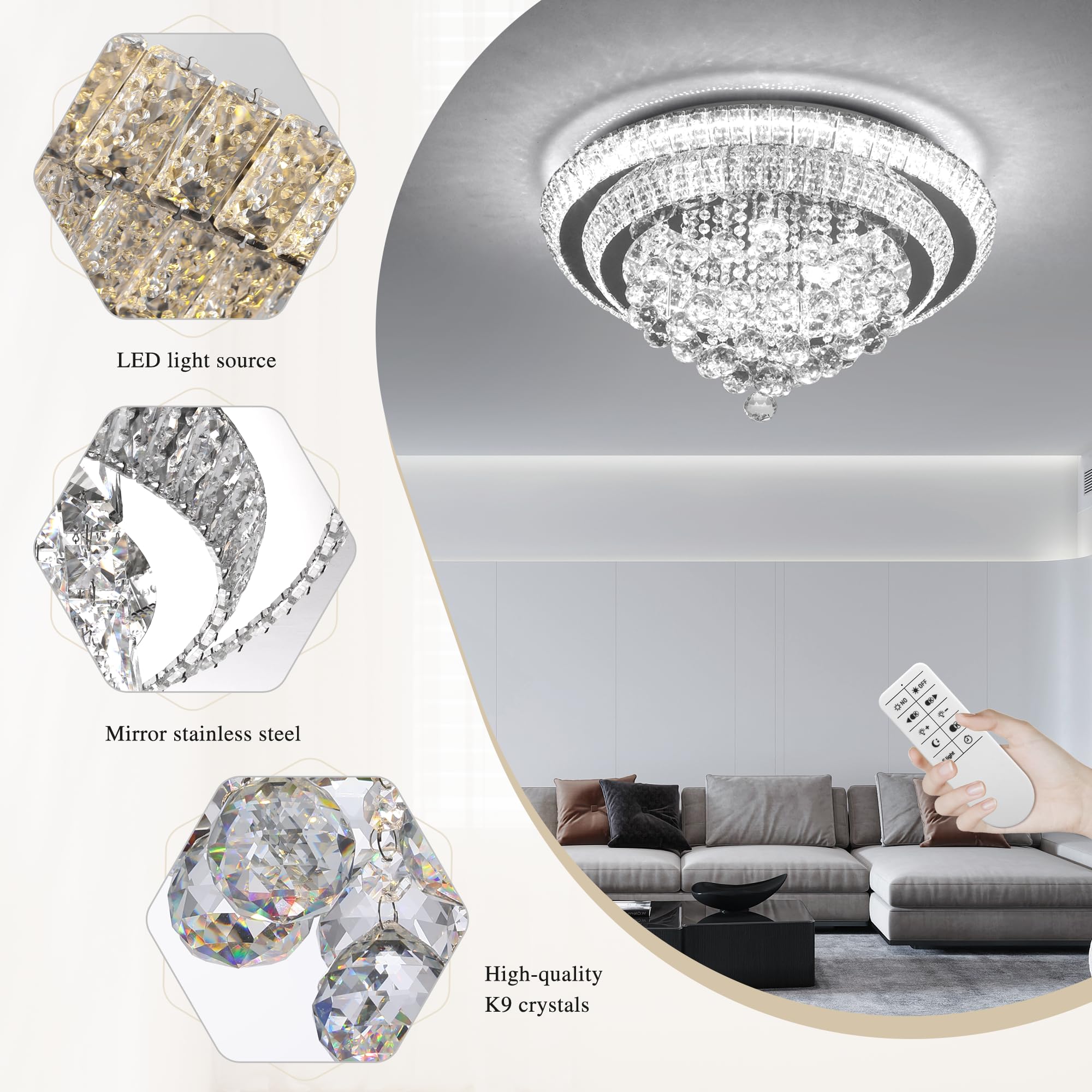 COCOSTAR 20" Gold Crystal Chandeliers, Flush Mount Chandelier LED Ceiling Light, Modern Crystal Raindrop Chandeliers for Dining Room, Living Room, Bedroom